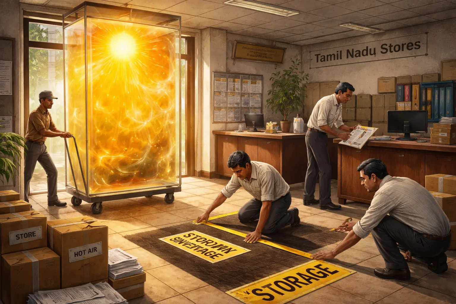 Clerks in a Tamil Nadu district office measure empty rooms as a huge transparent crate of sunlight and hot air arrives on a trolley, with labeled shadows waiting nearby.