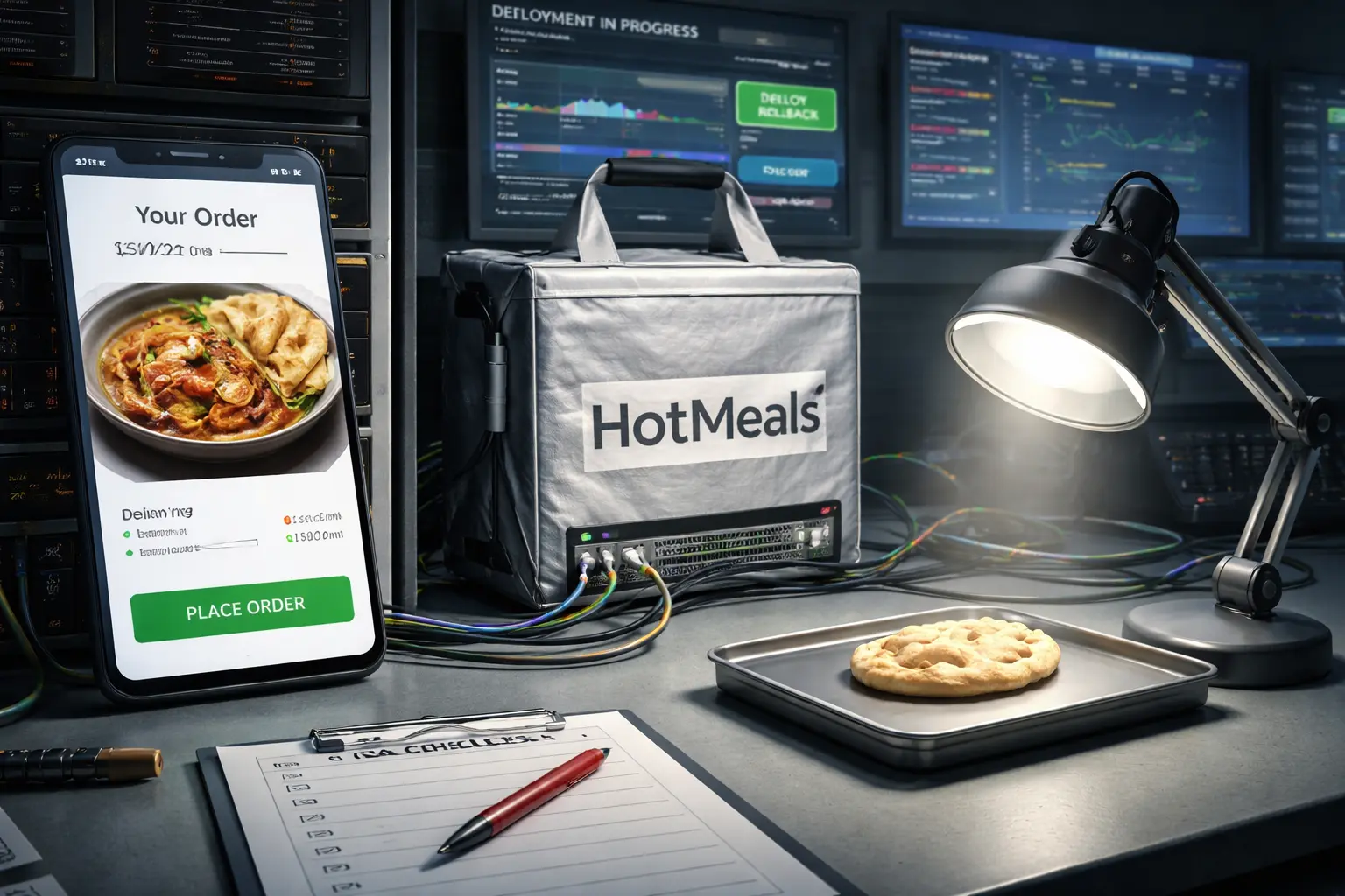 A food delivery bag and naan are arranged beside a phone and a software deployment dashboard, suggesting that a simple meal order is being subjected to an elaborate technical review.