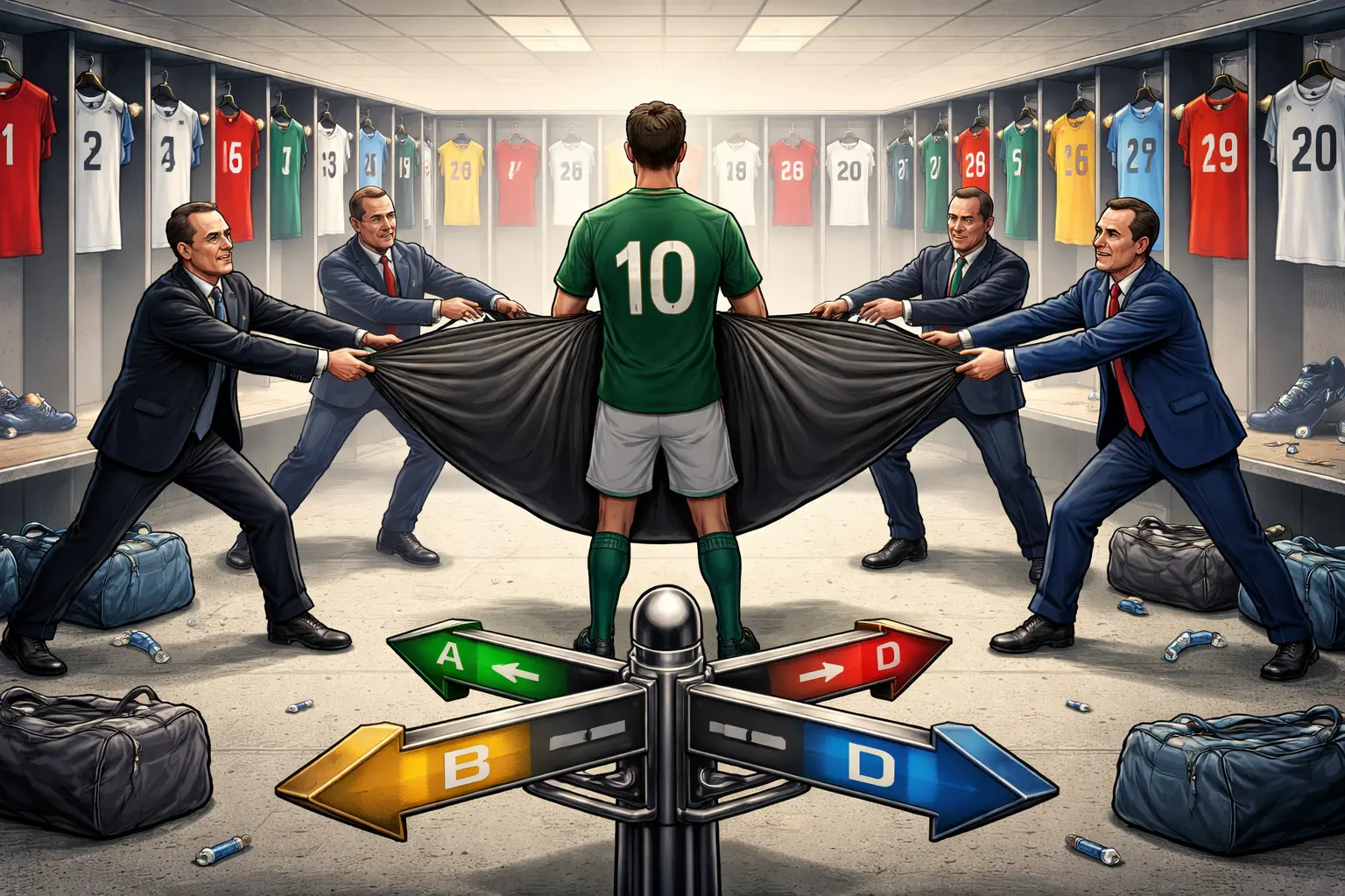 An anonymous midfielder stands beside one locker surrounded by 20 football shirts, while officials in different club colours pull on his garment bag from opposing directions.