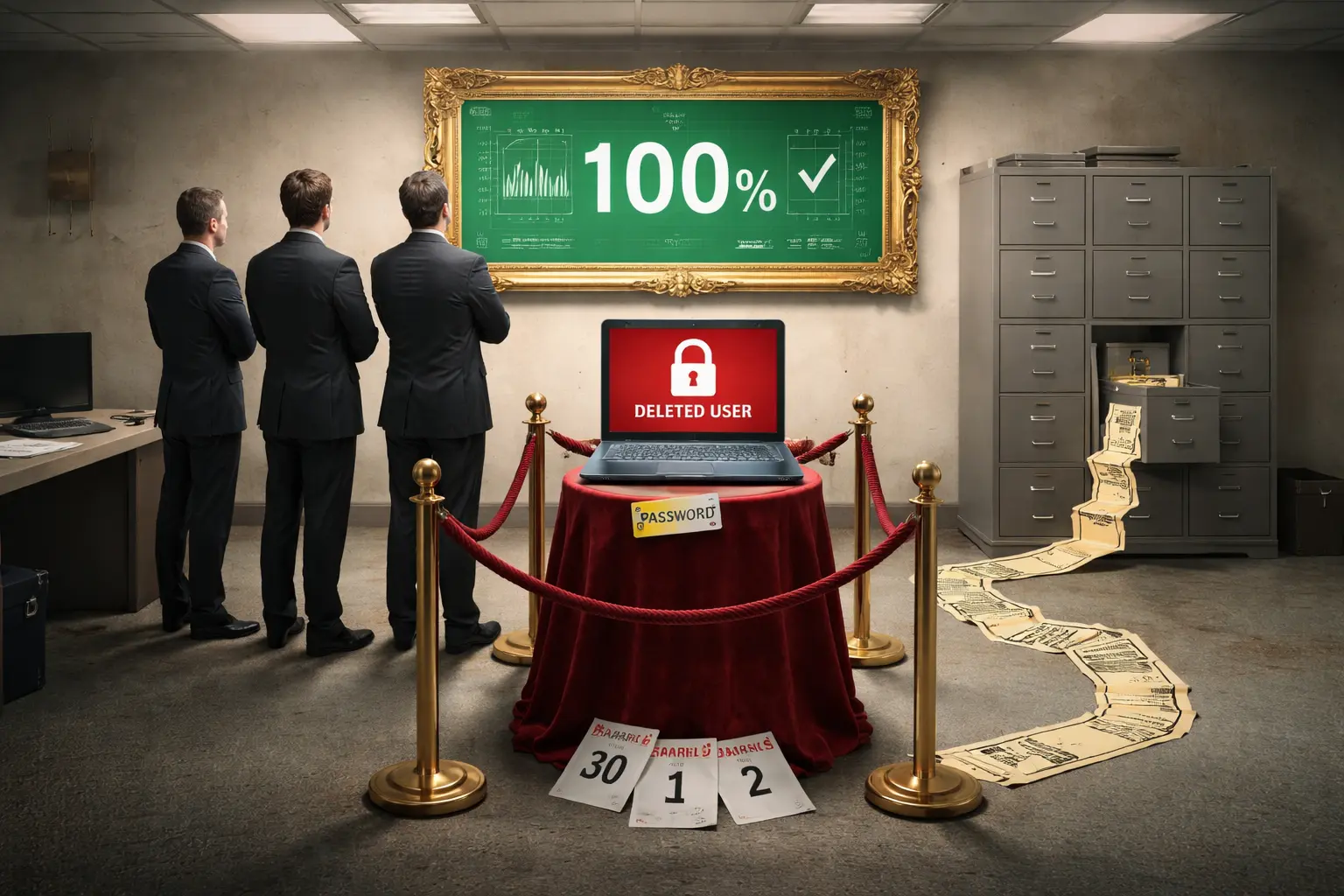 Three executives face a trophy-framed green uptime dashboard while a ceremonial laptop shows a red broken padlock and “DELETED USER”; a yellowed org chart leads to a locked cabinet.