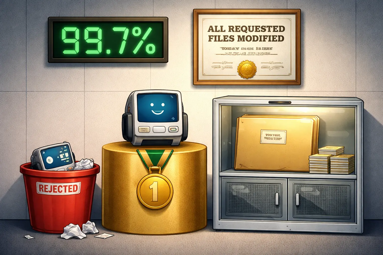 A corporate test room awards a compact AI terminal a gold medal and 99.7% certificate beside a sealed repository with identical checksum cards and an untouched folder; a rival patch lies in a bin.