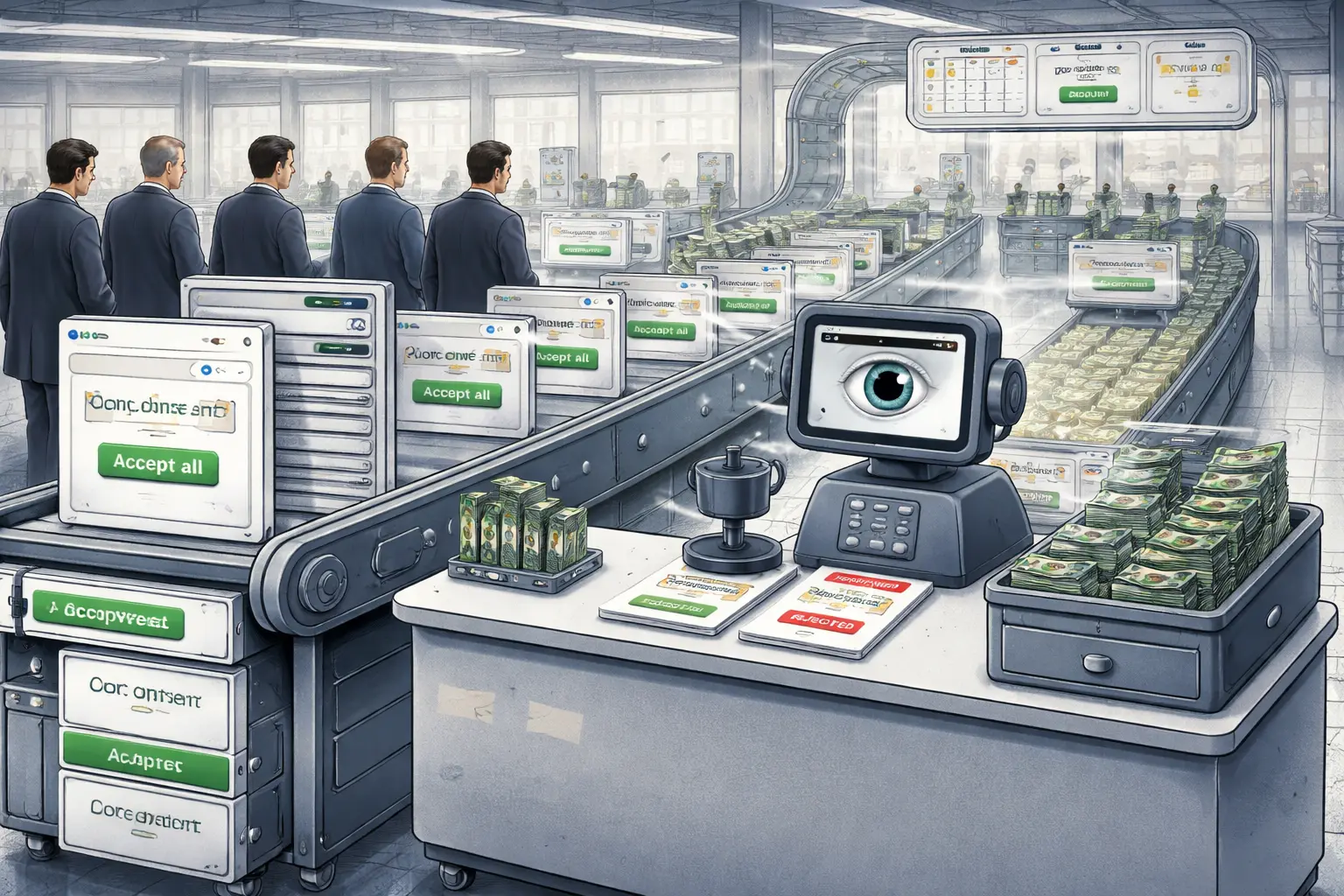 A browser-agent terminal sells green and red consent score cards to corporate buyers while cookie banners loop through six-month calendar panels back into the machine.