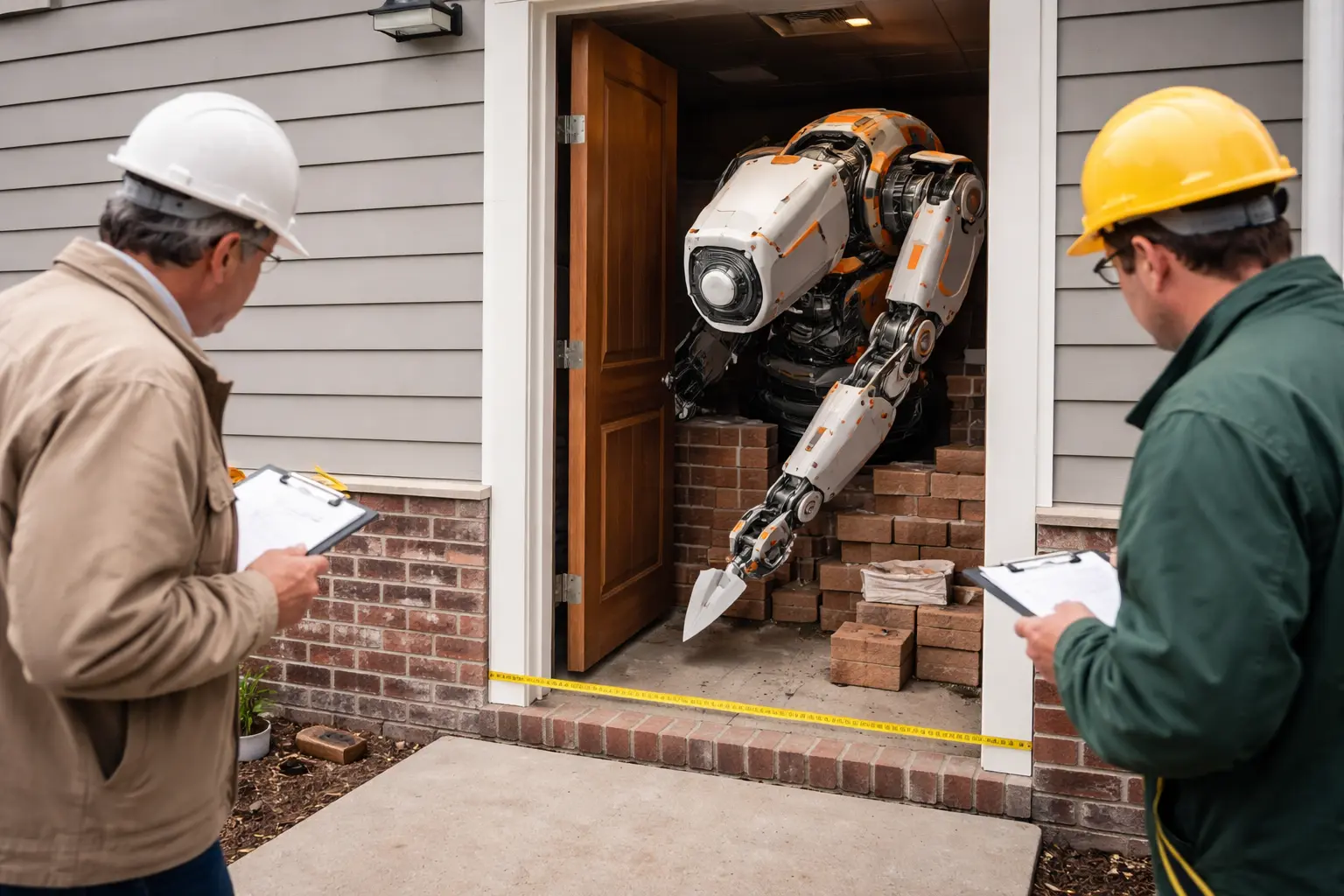 A bricklaying robot sits inside the utility room of a nearly finished house as inspectors examine a fresh brick threshold blocking the open front entrance.