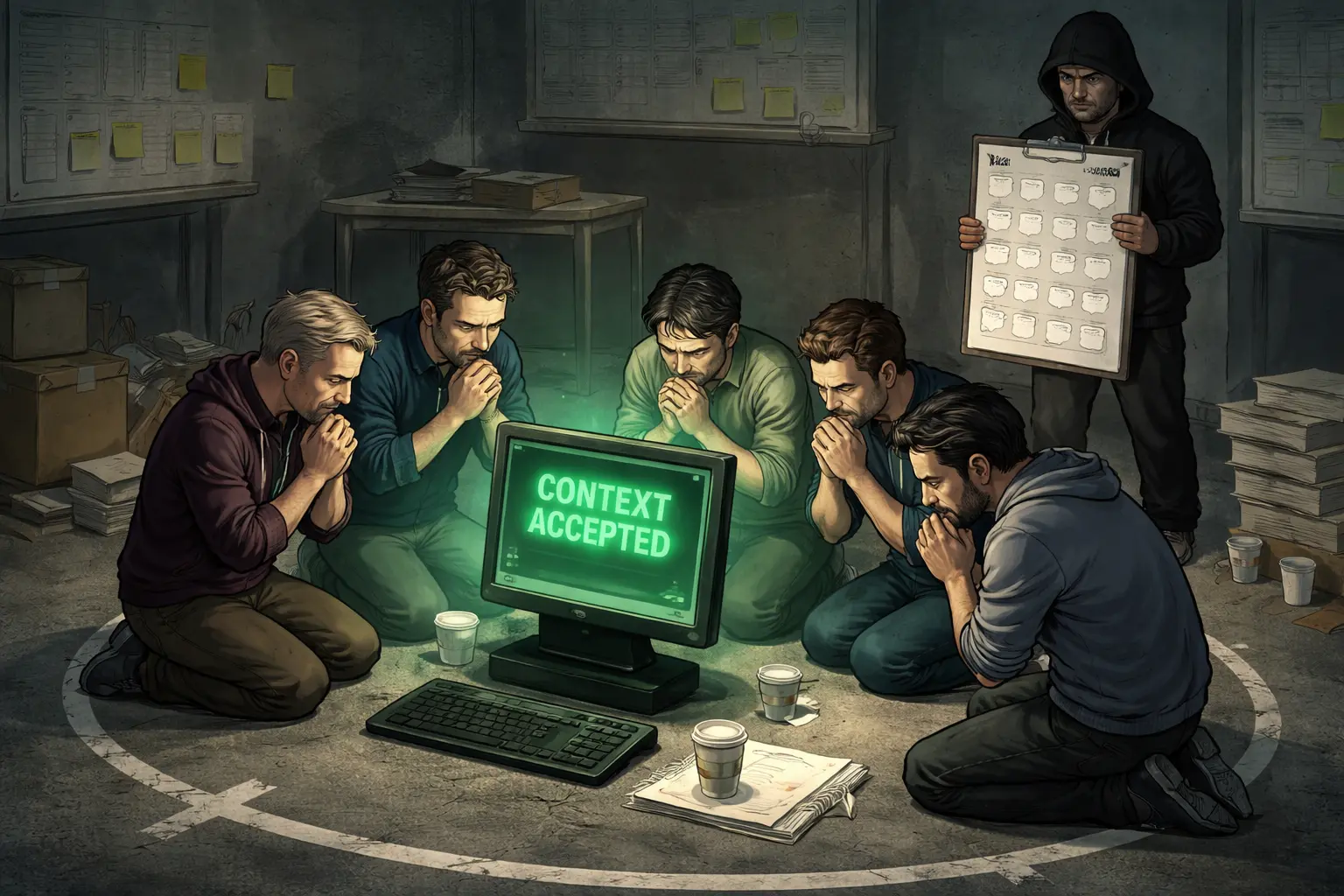 Six developers kneel in a taped circle around a terminal reading “CONTEXT ACCEPTED”; one guards blank transcript pages while an untouched keyboard and empty code pane sit nearby.