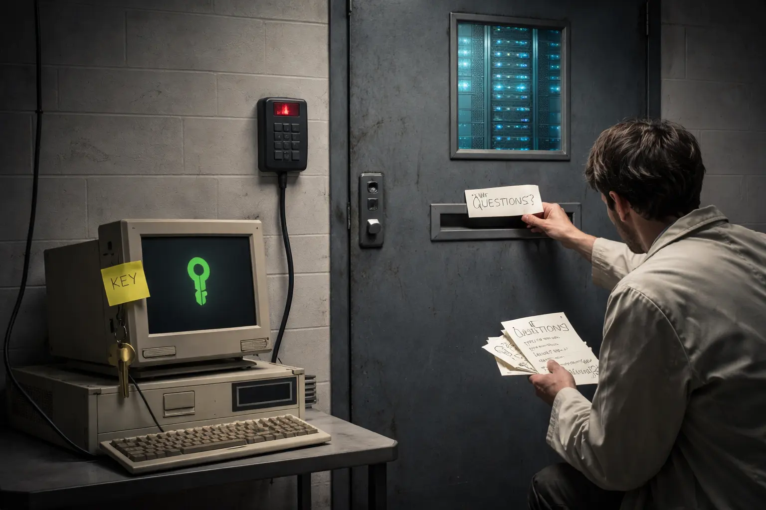 A researcher passes handwritten questions through a slot to a powerful server locked behind a door, while a smaller connected computer outside controls access to it.