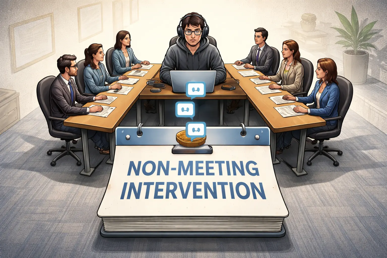 An async-work lead in headphones sits beside a laptop and open attestation. A fourth chat bubble drops into a slot, unfolding a conference table around the laptop beneath “NON-MEETING INTERVENTION.”