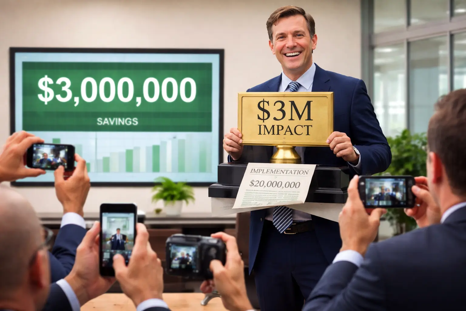 A corporate award photo shows a director holding a “$3M IMPACT” plaque over a face-down $20M invoice as executives photograph a green savings tile.