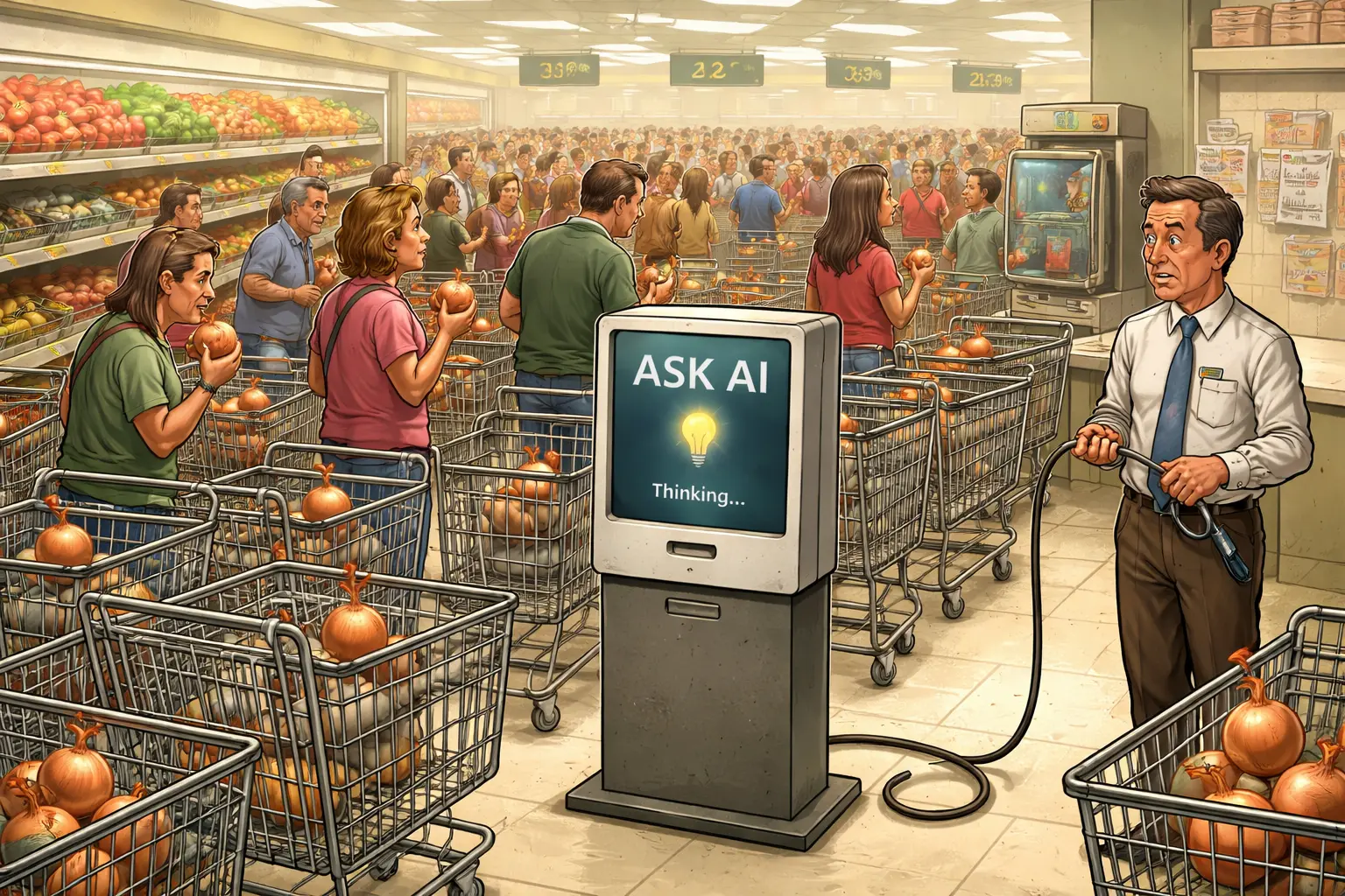 A crowded grocery aisle is blocked by carts containing single onions. Shoppers wait around an advice terminal, while a manager holds its unplugged cord.
