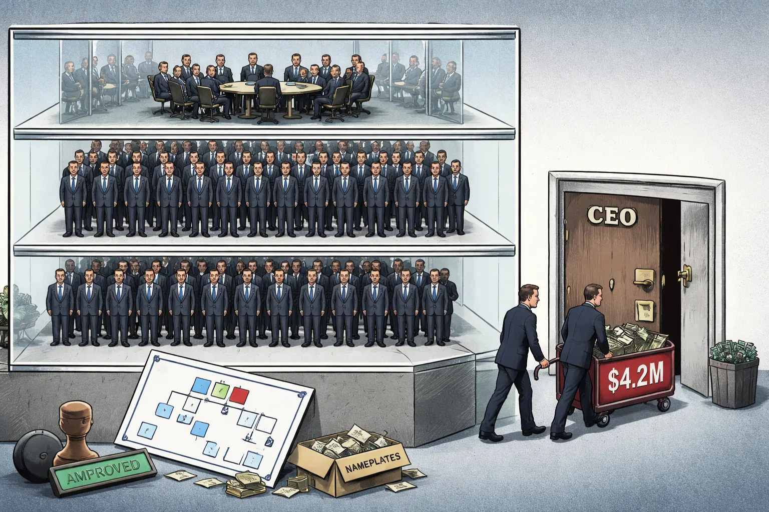 Three raised approval platforms occupied by former managers tower over a tiny executive table; they wheel a $4.2M cart past a locked CEO office, while old nameplates spill beneath an upside-down org chart.