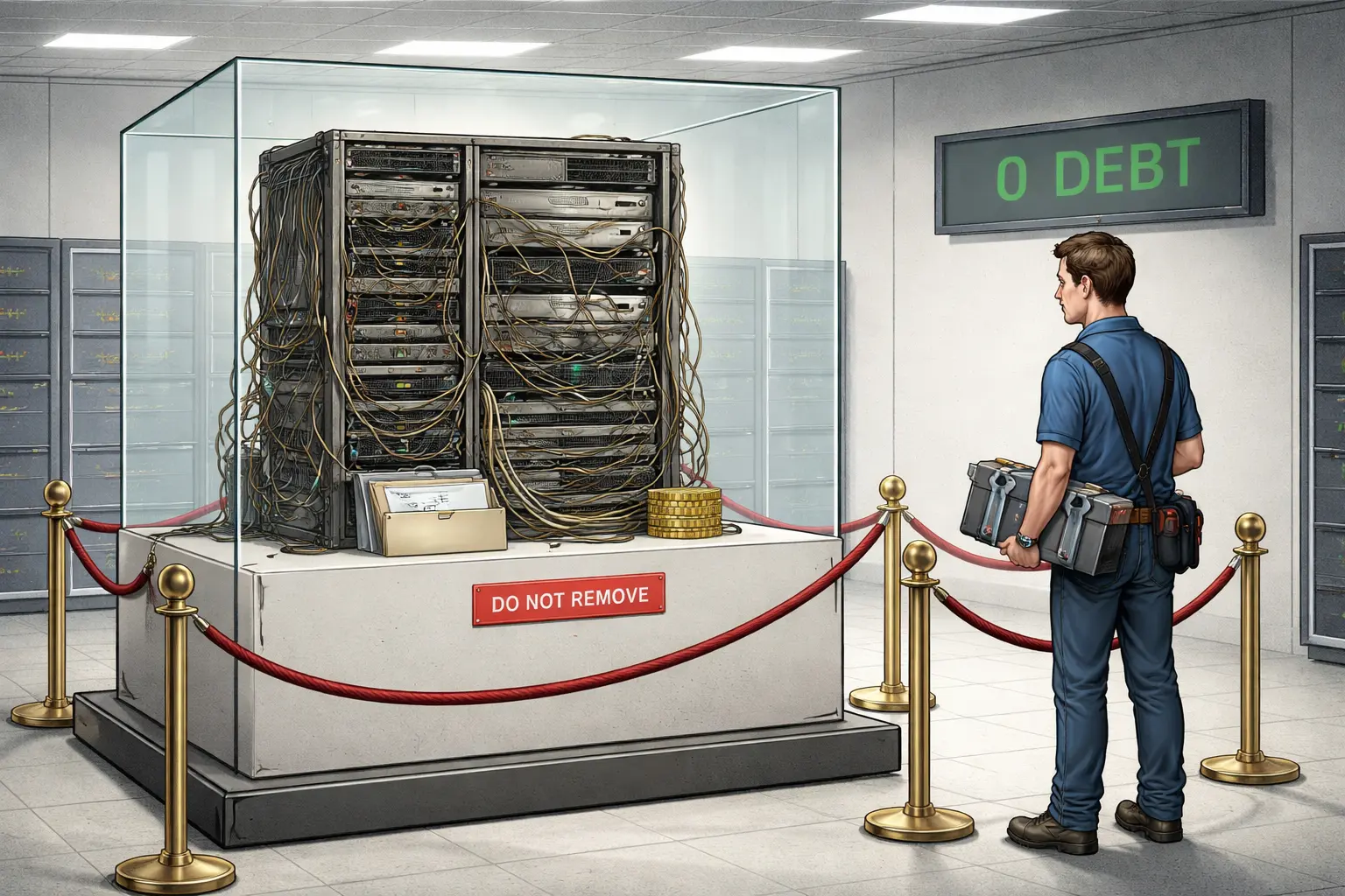A dusty obsolete server rack with tangled cables sits behind museum ropes and glass while an engineer holds a boxed wrench outside; a finance folder and coins rest beside it, and a monitor reads “0 DEBT.”
