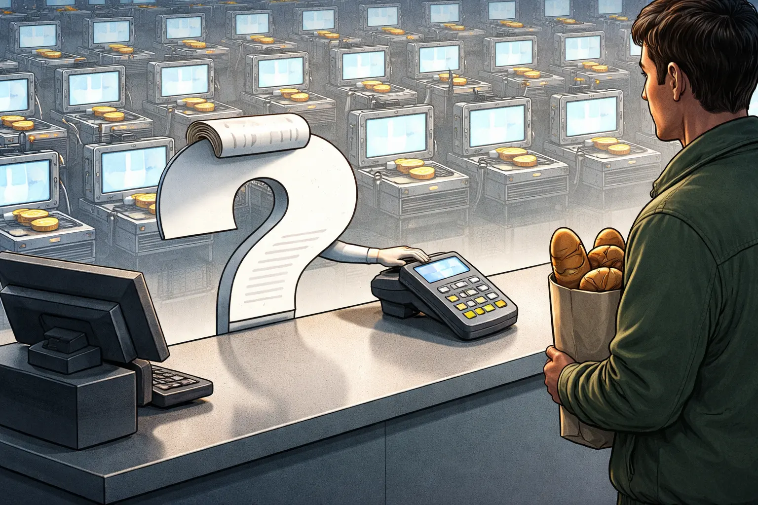 A human customer waits at a bakery checkout while a question-shaped receipt is treated as the merchant and a card reader points toward its handless edge; many small AI server windows exchange coins behind the counter.