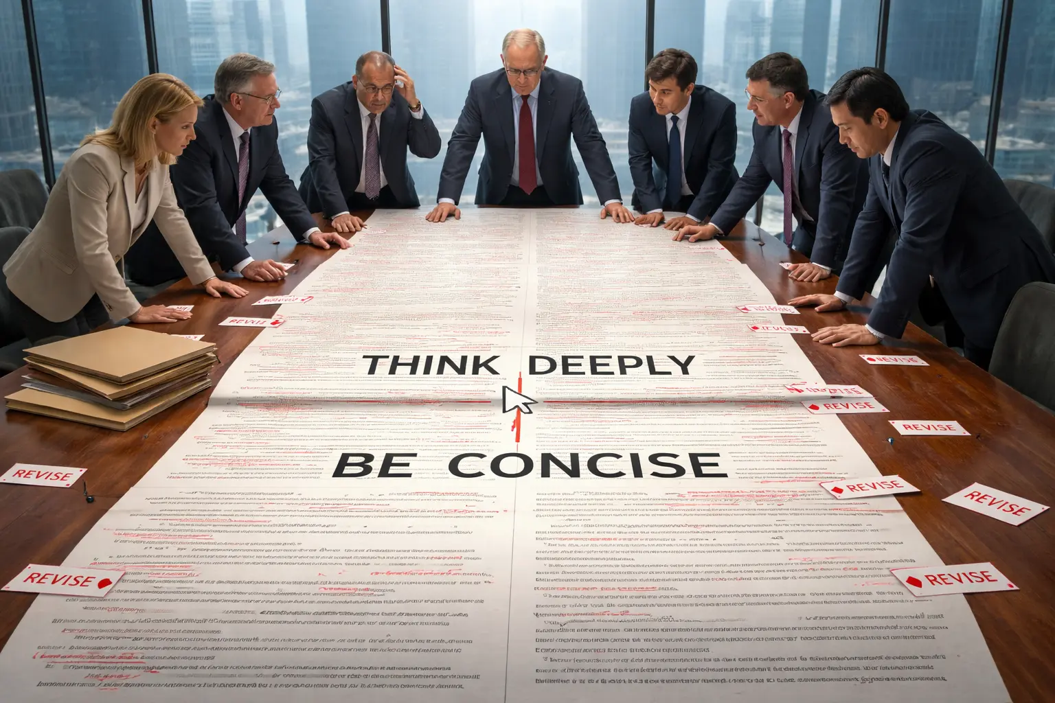 Executives crowd around a huge redlined prompt with “THINK DEEPLY” and “BE CONCISE” separated by a cursor; red tabs cover the floor and closed folders sit nearby.