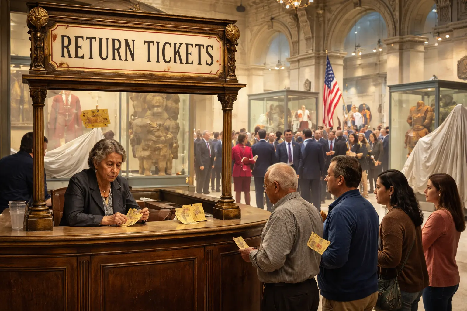 Visitors with return tickets wait at a seemingly old museum ticket desk as congressional officials tour newly finished galleries inside the Arts and Industries Building.