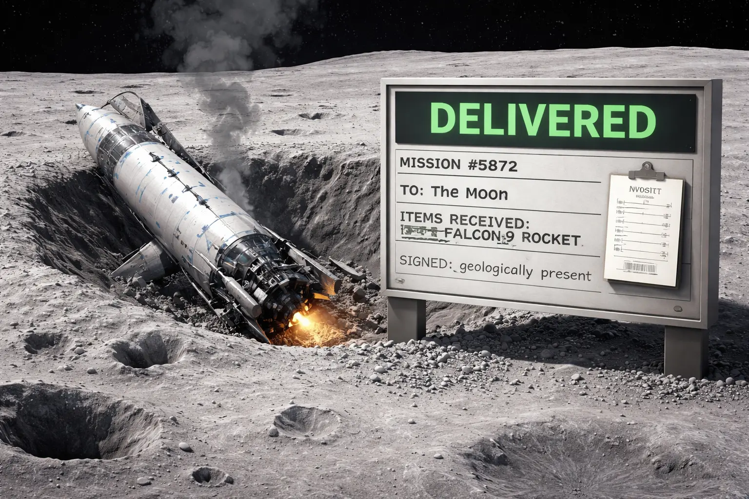 A crashed SpaceX rocket lies in a lunar crater outfitted as a corporate receiving dock, with a green delivery checkmark and an unsigned invoice to the Moon.