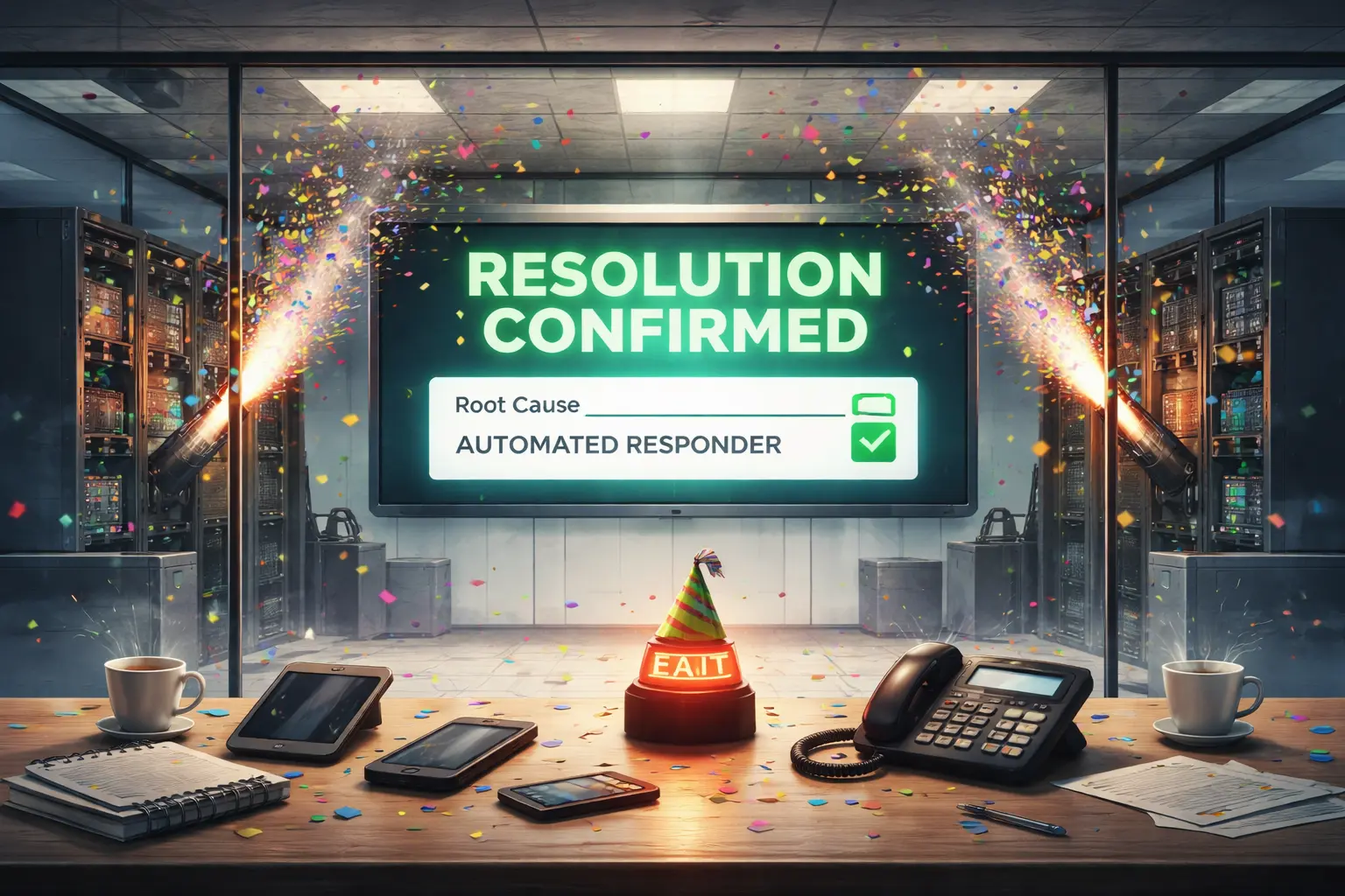 An empty operations room shows “AUTOMATED RESPONDER” and “RESOLUTION CONFIRMED” on a monitor as confetti bursts from server racks and several phones vibrate on the desk.
