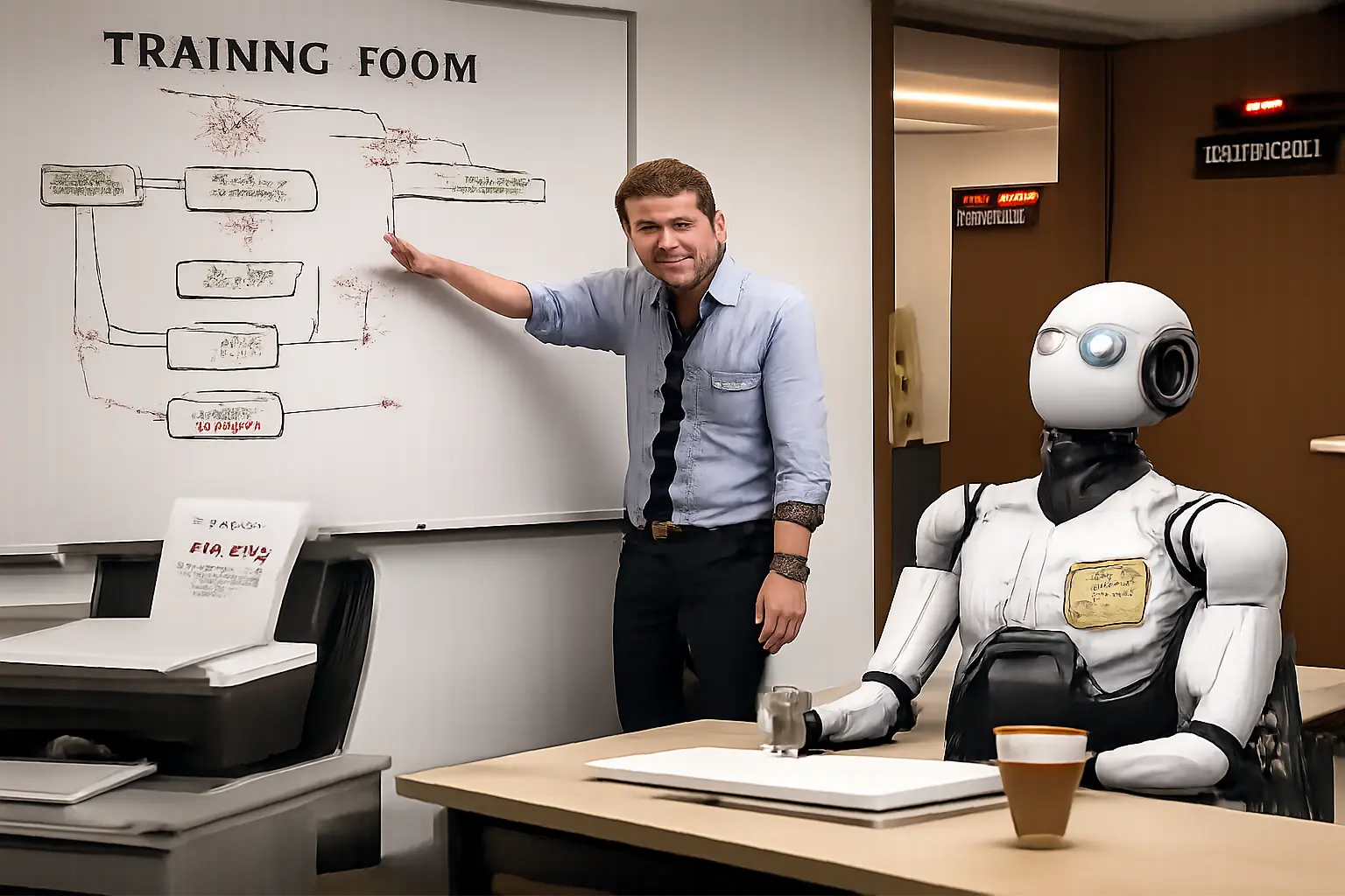 An employee trains a glossy AI agent in a classroom while the robot wears an “EXCEEDS EXPECTATIONS” badge and the employee’s old department door shows a red access light.
