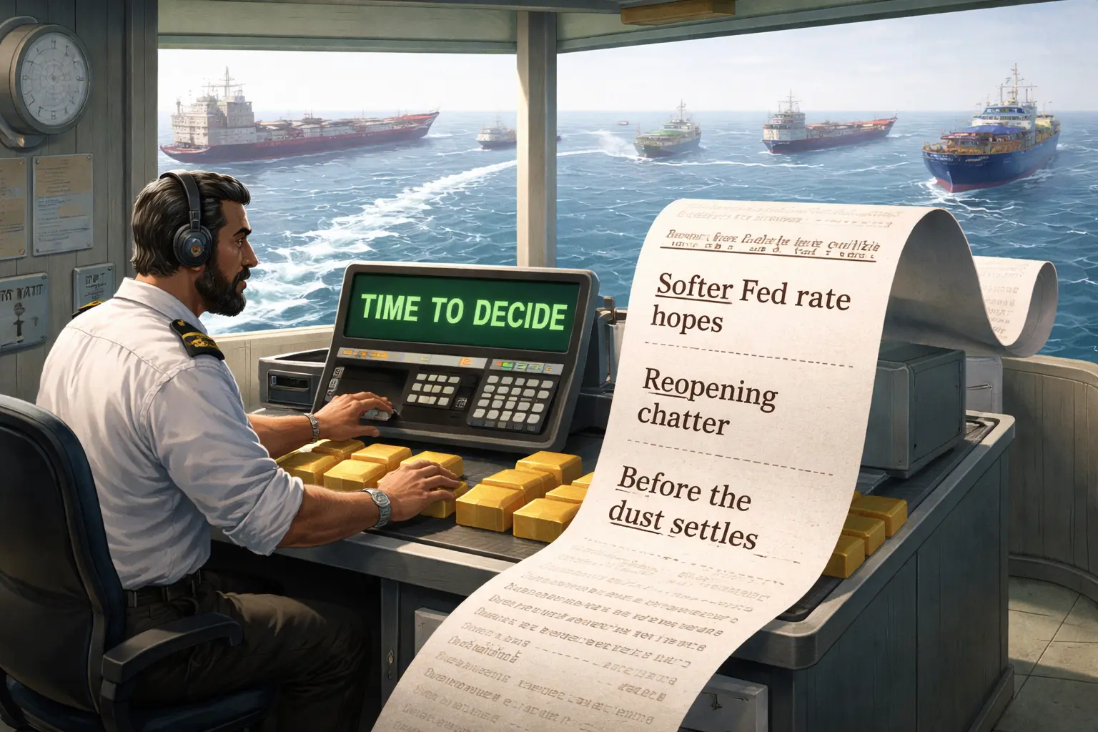 Ships pass through the Strait of Hormuz as its traffic tower operates a gold checkout, printing market buzzwords and a receipt labeled “time to decide.”
