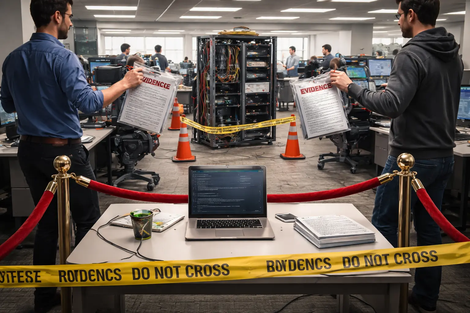 Engineers in an office pass sealed bags of printed code between desks while an untouched laptop and a half-built project sit behind a barrier.