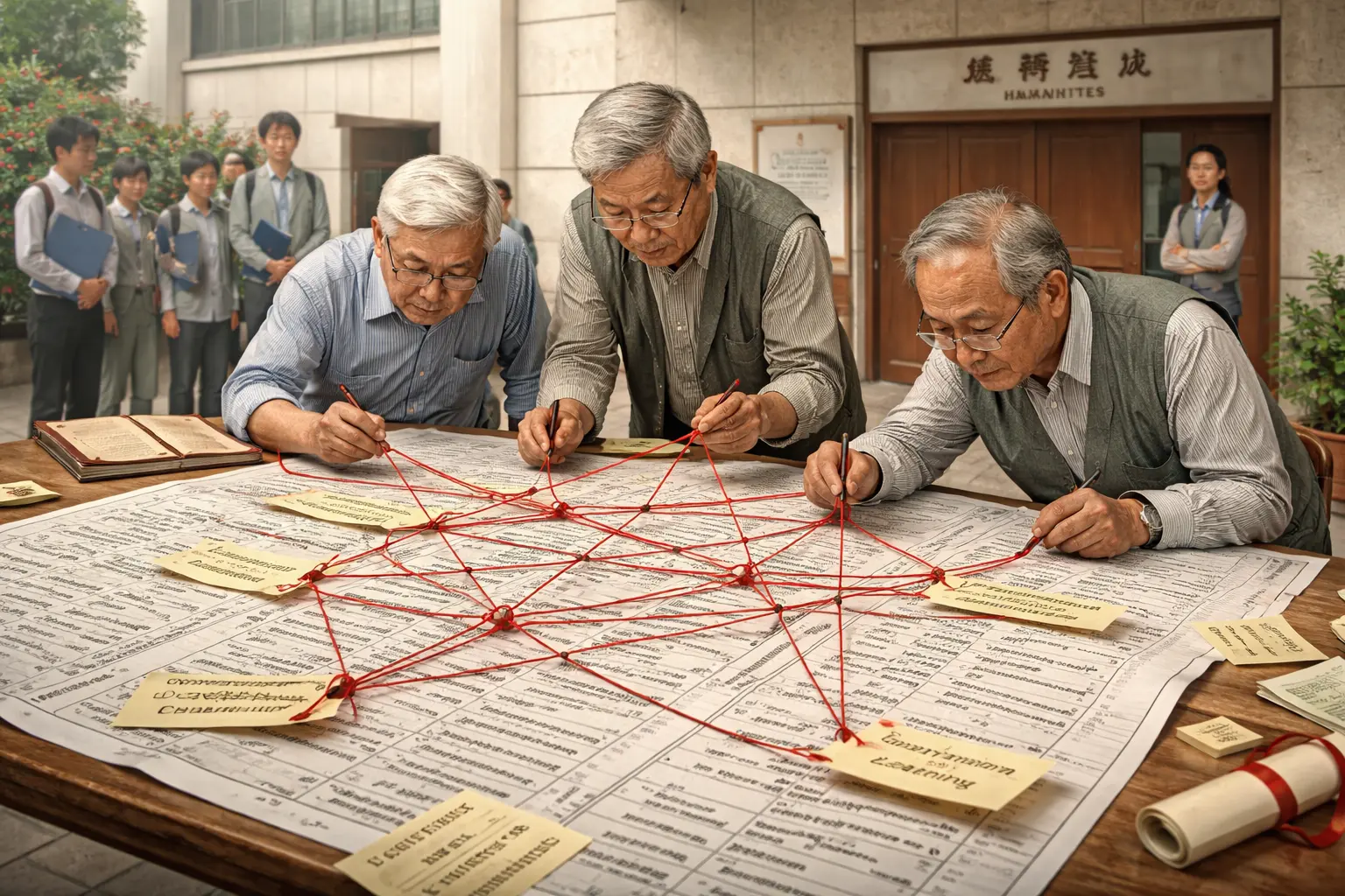 Former translation lecturers connect mismatched course titles with red thread at a university library while students wait with graduation folders near a closed humanities classroom.