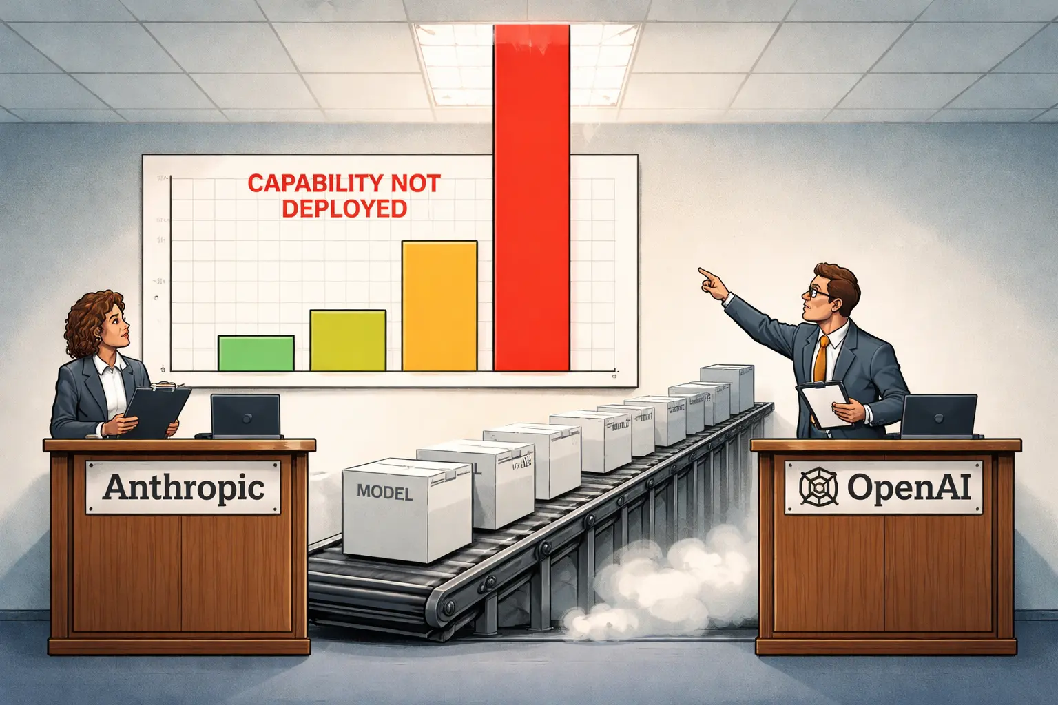 Anthropic and OpenAI desks flank a chart labeled “capability not deployed,” while empty model boxes roll toward an unused launch podium.