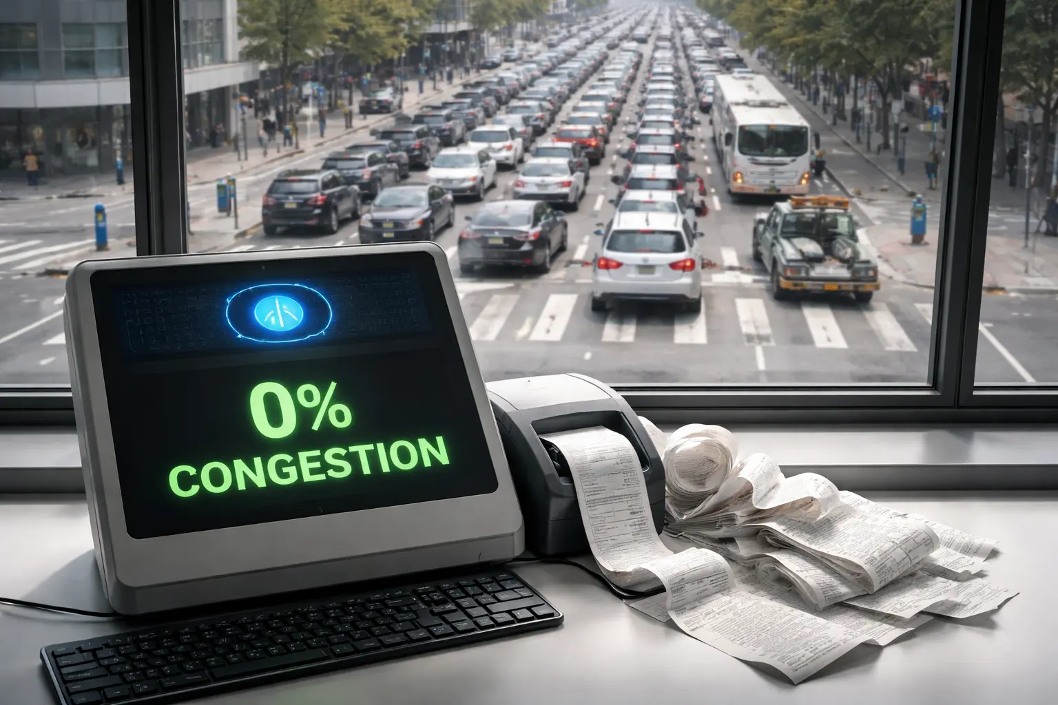 A traffic-control room displays “0% CONGESTION” above a boulevard jammed with stopped cars, each inside a blue parking bay beside a meter, while a bus waits behind a tow truck.
