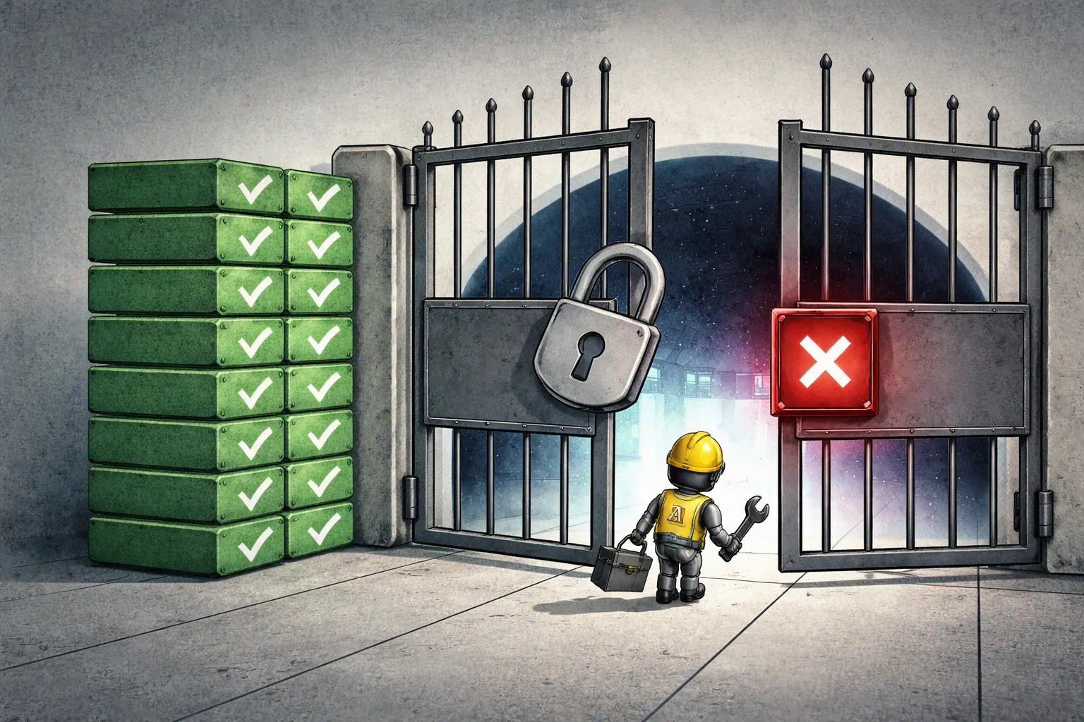 A locked software release gate opens for one red failing test and a tiny AI repair worker, while many green passed tests wait outside.