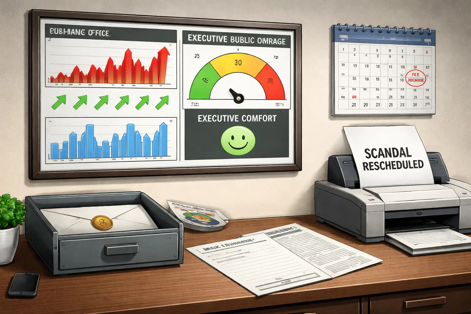 A regional bank office shows a dashboard labeled “EXECUTIVE COMFORT,” a blank statement, and a future fee envelope already filed in an archive drawer as a printer ejects “SCANDAL RESCHEDULED.”