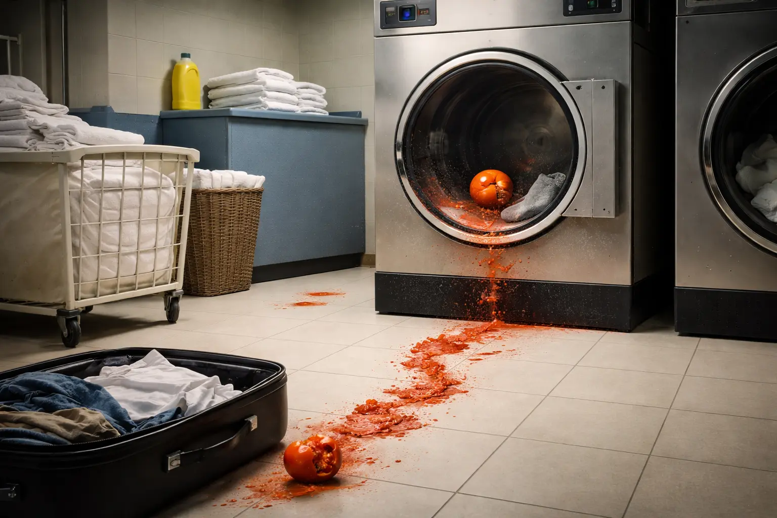 A hotel laundry dryer contains a single intact tomato and one sock, with red footprints leading from an open suitcase to the machine.