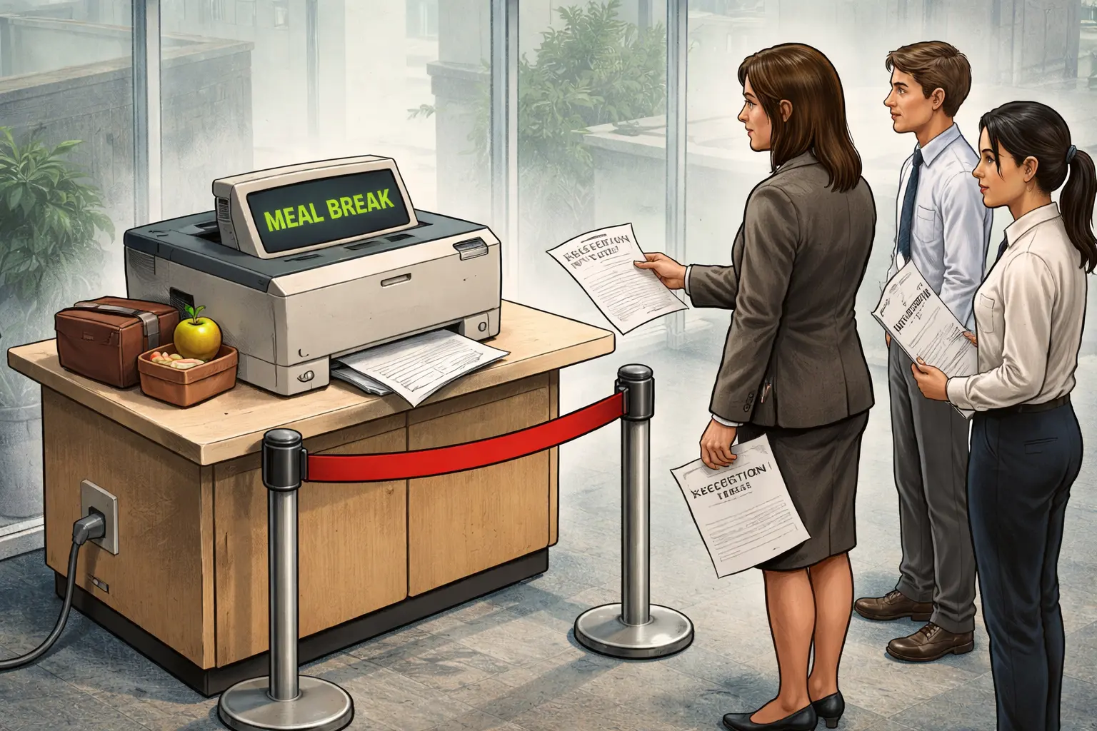 An office printer on a protected lunch break sits behind a queue barrier while employees and an HR director wait with signed forms, including an exception form.