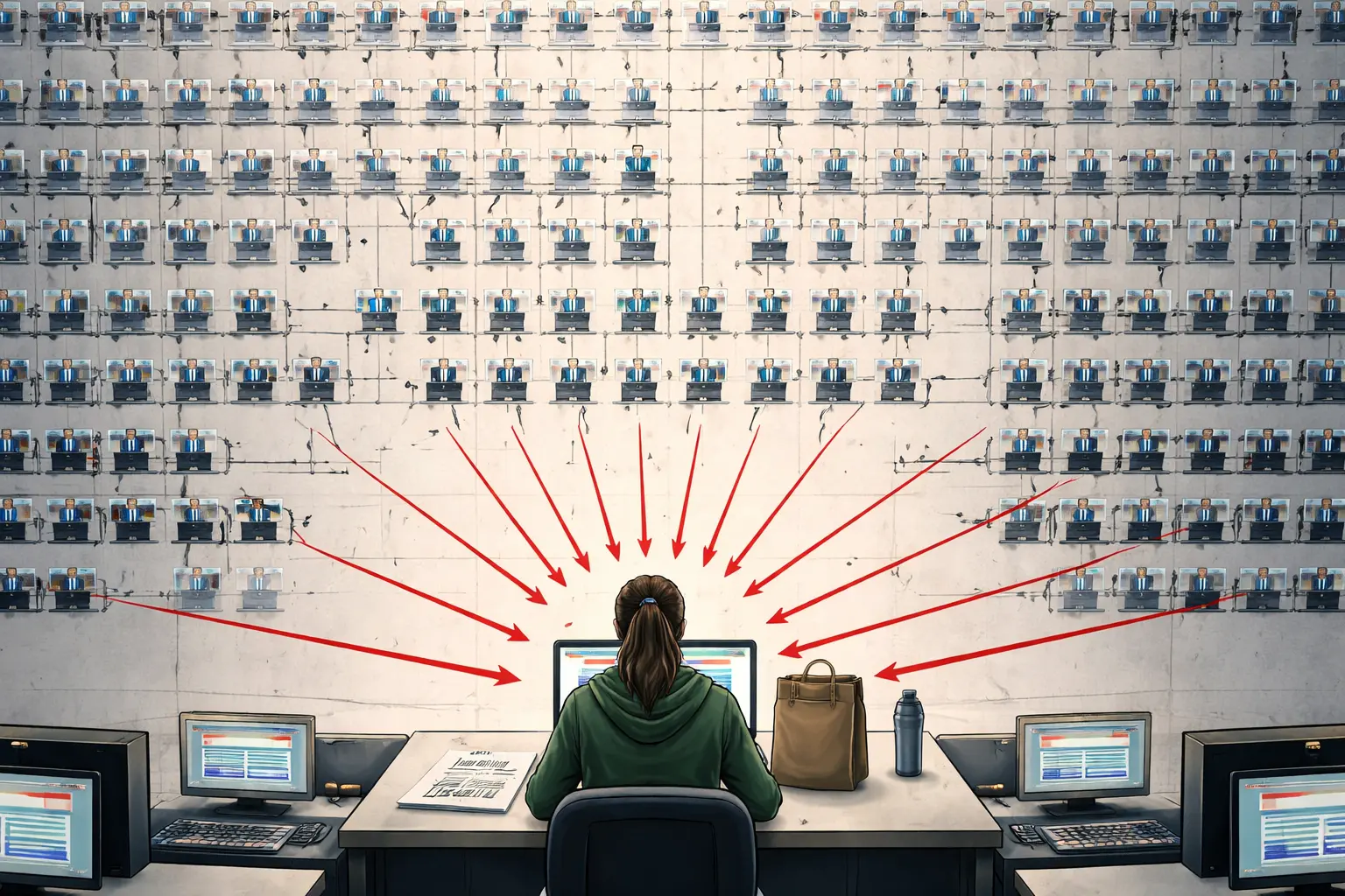 A lone intern sits beneath a wall-sized org chart as hundreds of AI supervisor screens send red escalation arrows toward her laptop and lunch request.