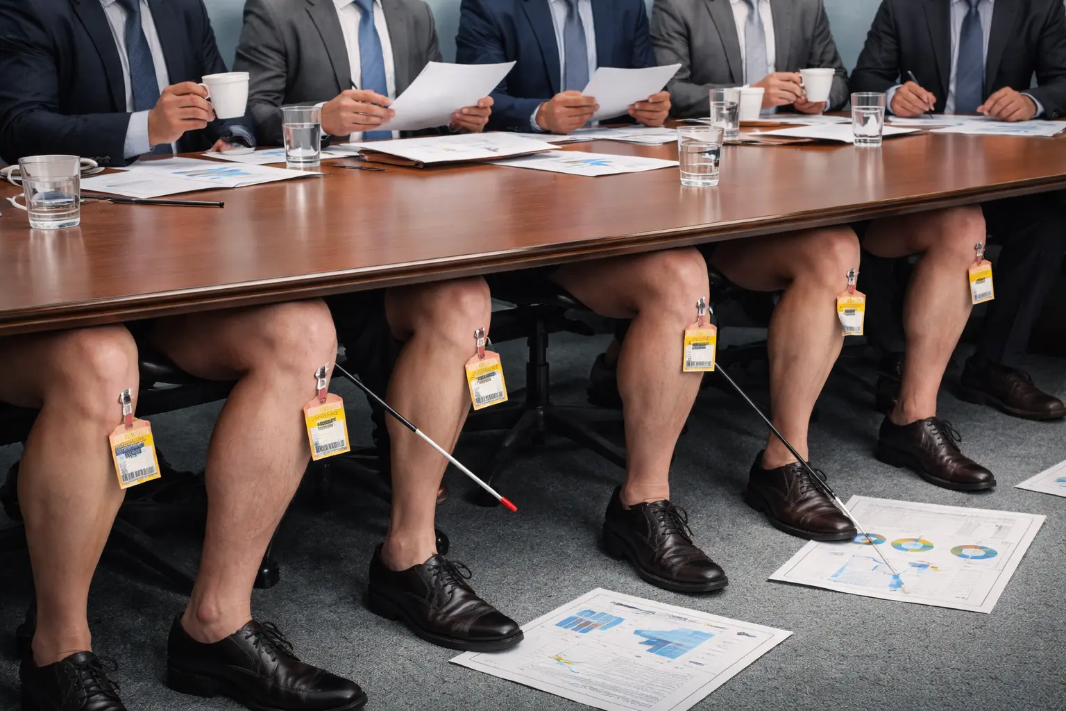 Suited executives sit behind a conference table while their exposed knees below it point at presentation charts with tiny approval tags attached.