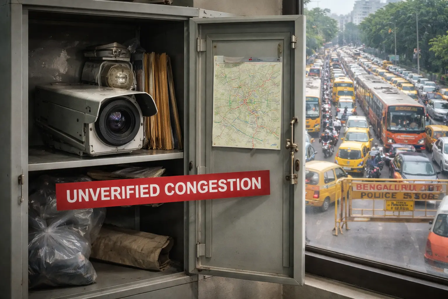 An evidence locker holds a traffic camera labeled “UNVERIFIED CONGESTION,” while a window shows a jammed Bengaluru junction with a bus, yellow-board cars, and a police barricade.