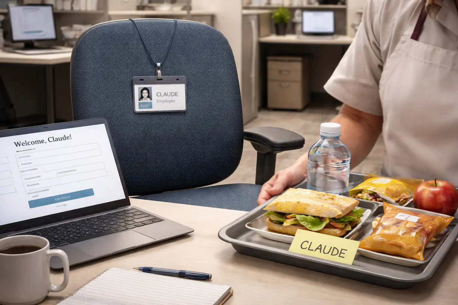 An empty office chair with a new employee badge sits beside an onboarding laptop, while a cafeteria worker holds an untouched meal meant for Claude.