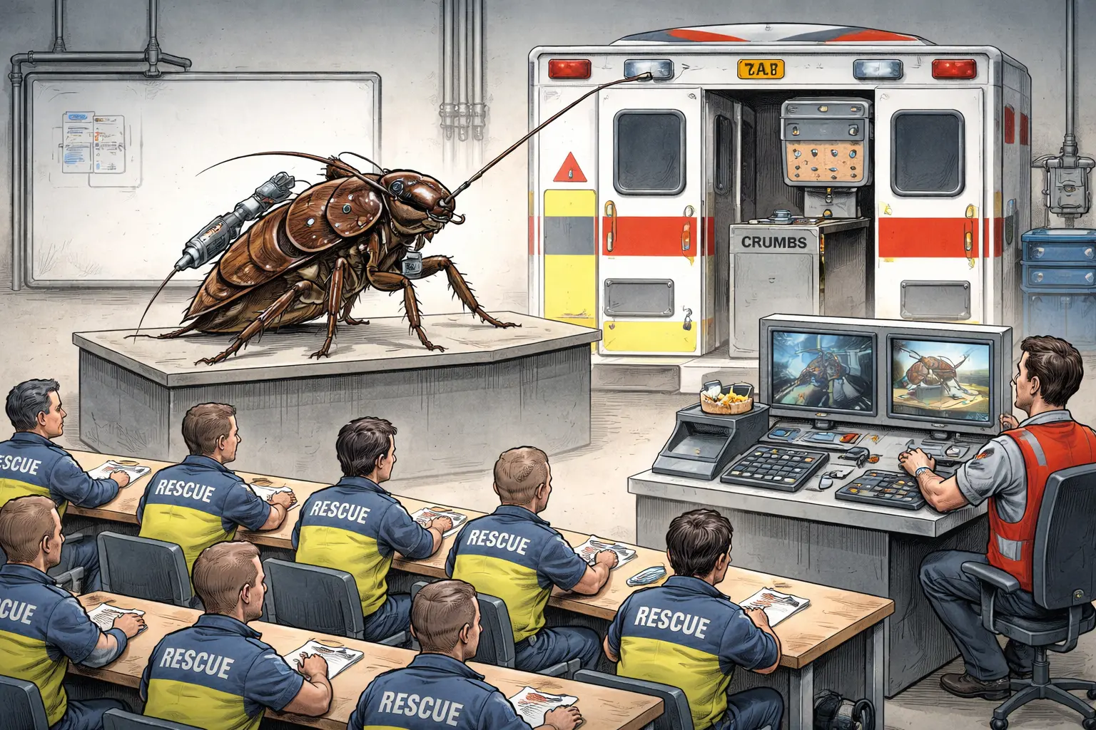 In a rescue-training bay, a camera-equipped giant cockroach with a tiny injector stands on a raised instructor’s platform as uniformed responders face it and a human operator guides it from a console.