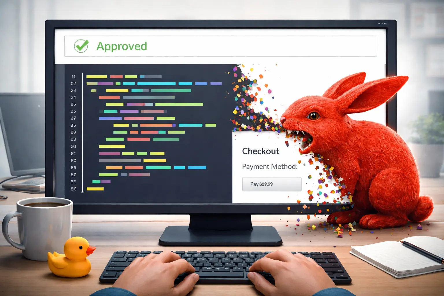 A developer watches a red software rabbit remove half of a code block while an approved checkout screen lacks its payment button.