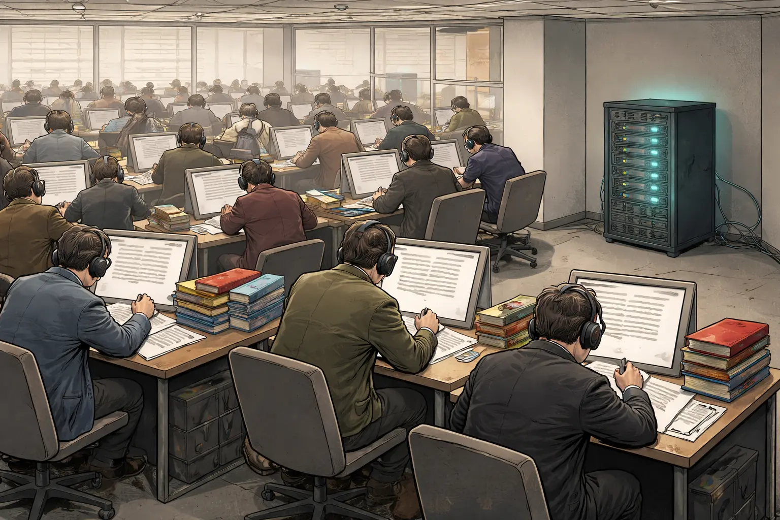 A crowded office full of translators working around a small isolated server rack, showing the cheap AI taking up little space while the humans needed to supervise it fill the room.