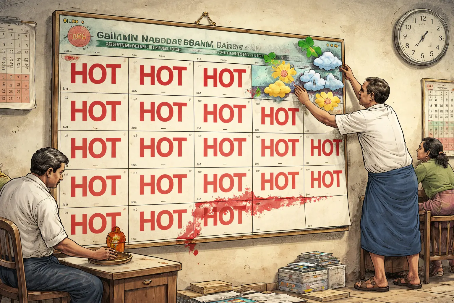Clerks in a seasonal office examine a Tamil Nadu wall calendar whose seven days are stamped HOT, with clouds and rain crowded into the margins and the stamp spreading onto the next week.