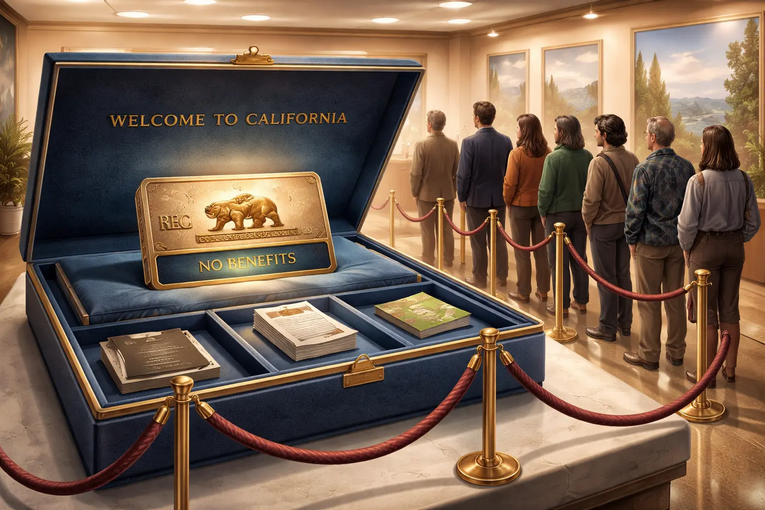 A California Welcome Bureau showroom treats a metal endurance credential like a luxury watch, while an open portfolio ropes off a parking space, paperwork, jackets and a tiny map as premium exhibits.