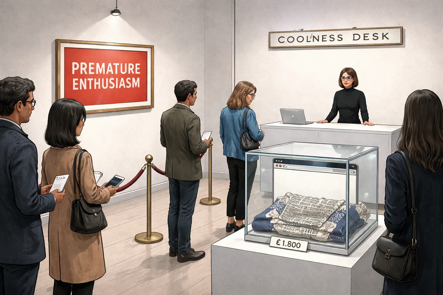 In a gallery, stylish visitors queue with blank cards and face-down phones. A spotlighted red “PREMATURE ENTHUSIASM” notice hangs beside a locked case holding a blank browser tab and an inside-out scarf.