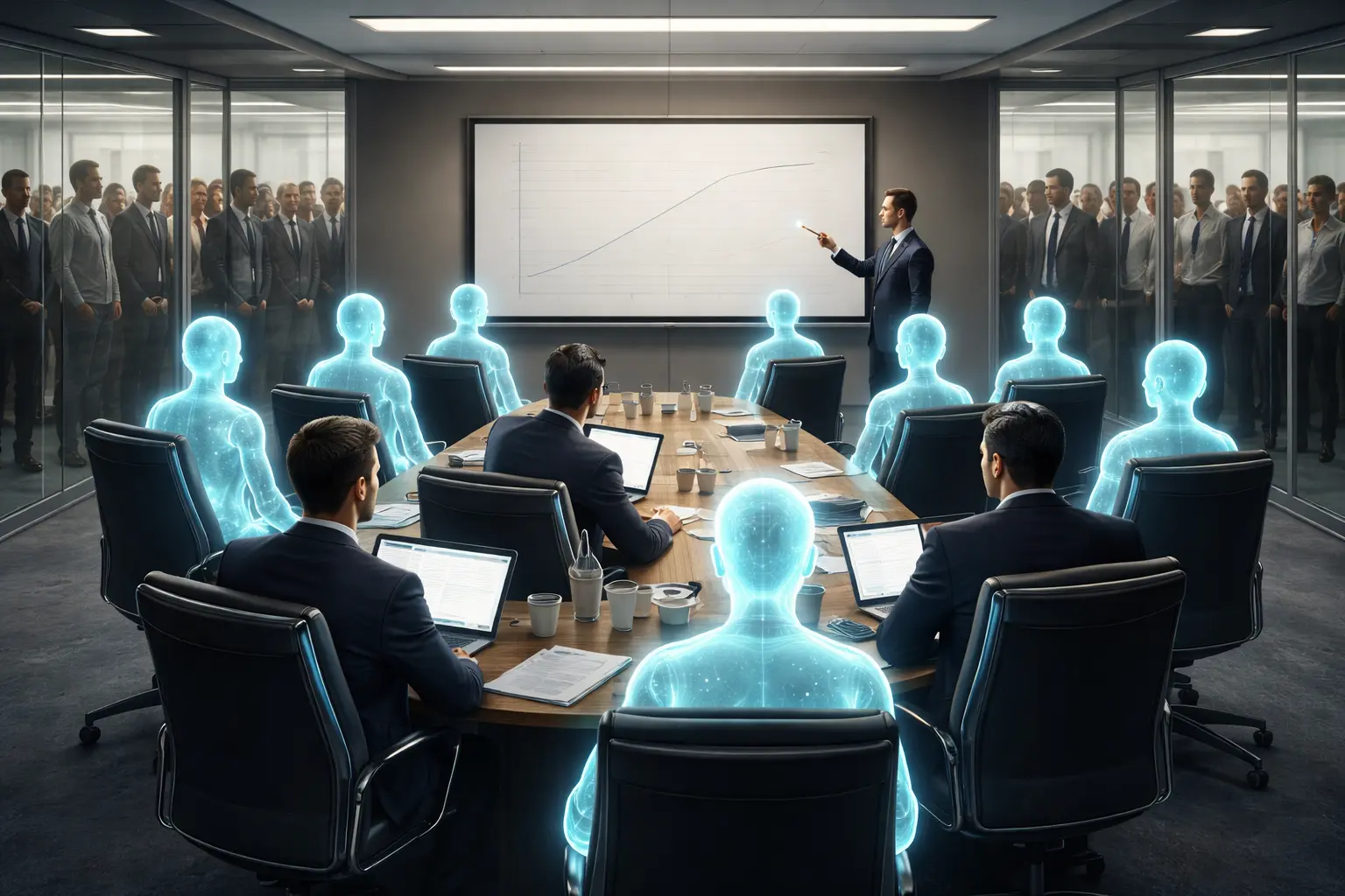 Human executives sit with individual AI attendants in a crowded boardroom; the attendants face away from a central presentation while employees wait outside.