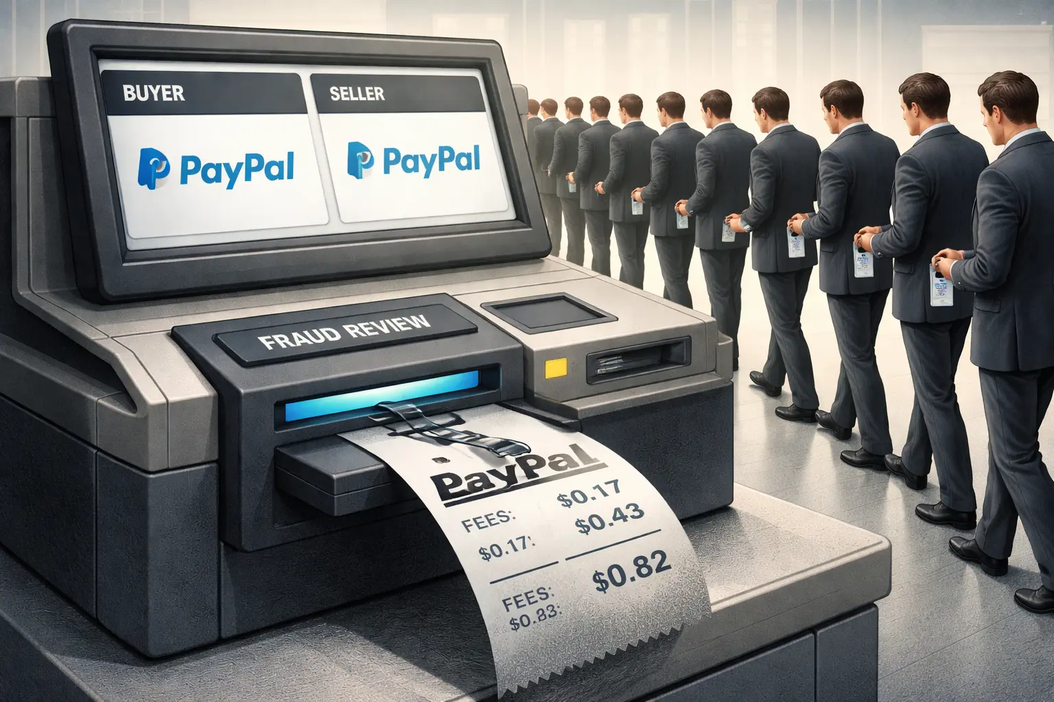 A checkout terminal lists the same company as buyer and seller while bankers pass employee badges through a fraud-review scanner; a small processing-fee receipt comes out of the machine.