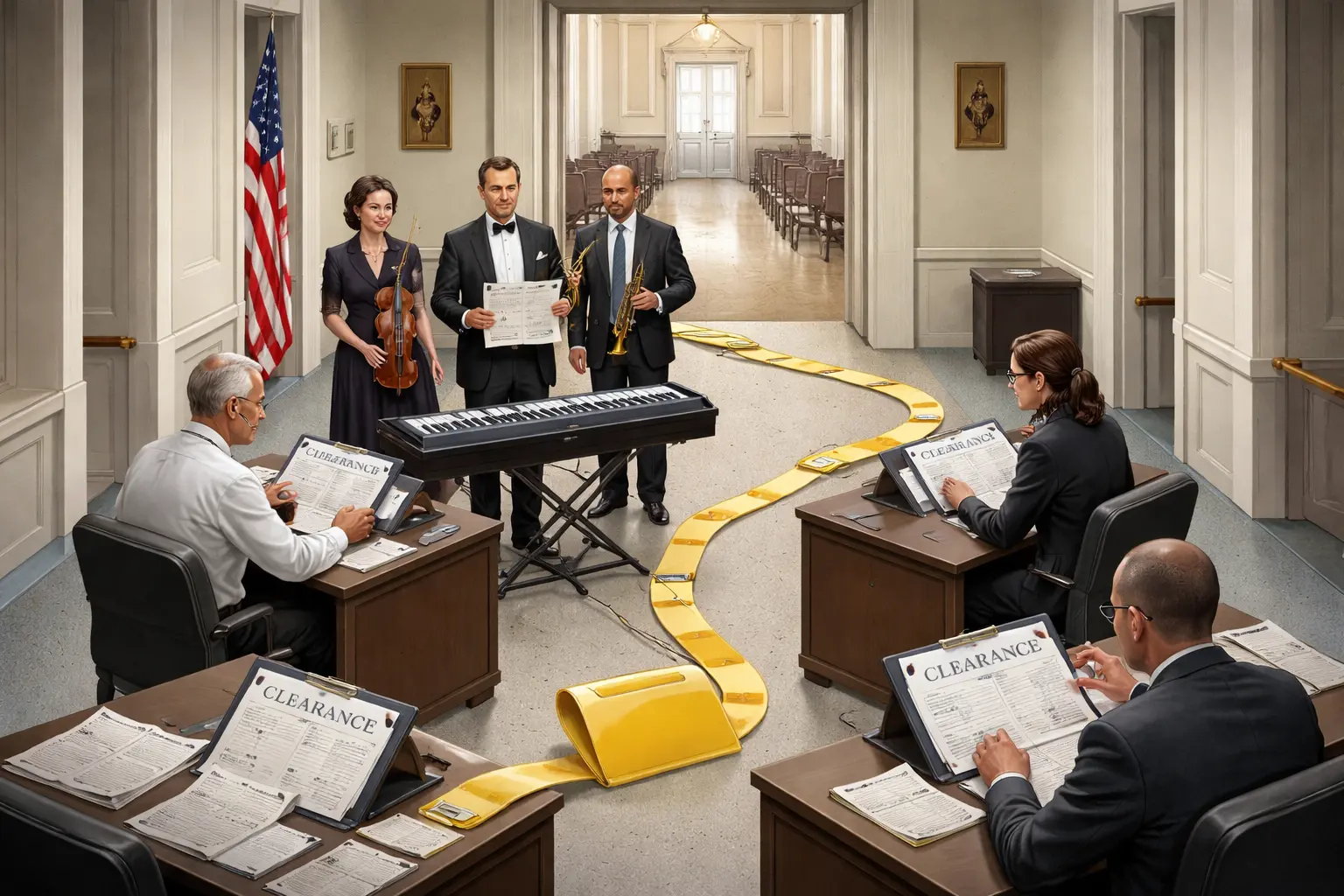 A pianist and two musicians wait in a White House corridor beside an “Arrival Signal” score while a clearance folder loops among three review desks; an empty reception hall is visible beyond.