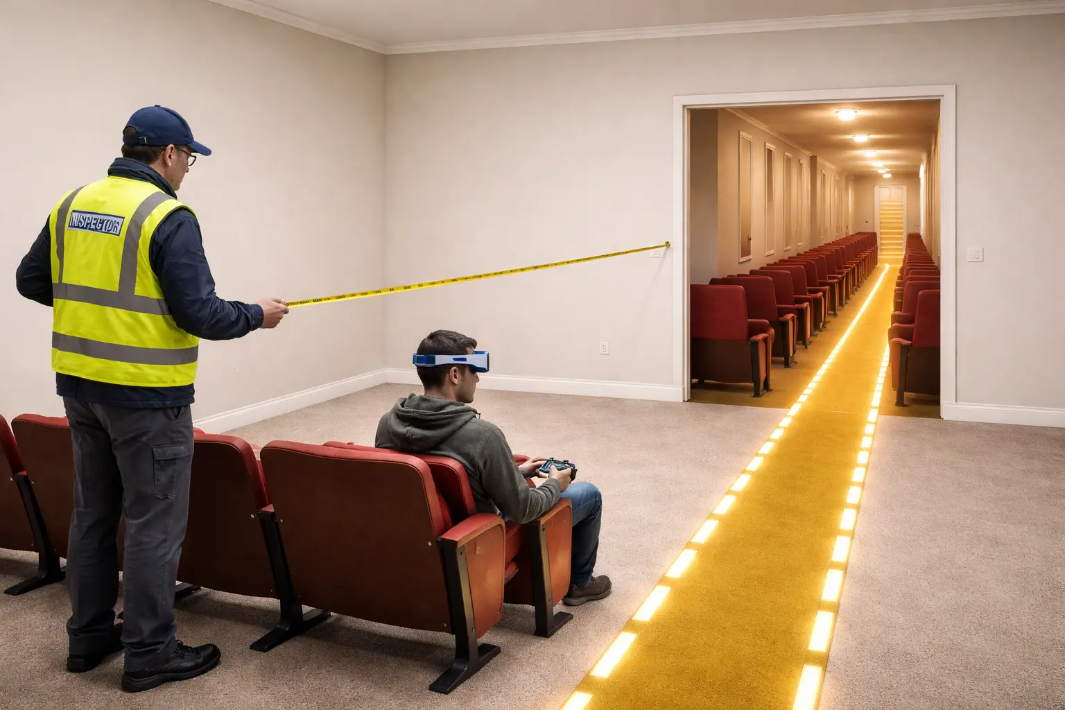 A city inspector measures invisible cinema space around a person wearing smart glasses, while folding theater seats and an aisle extend through an apartment wall into a shared hallway.