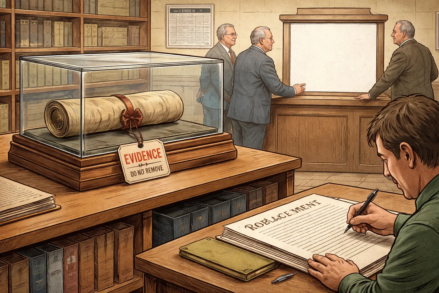 A sealed old charter is removed from a municipal display case as a clerk examines a handwritten replacement and council members stand beside a blank stand.
