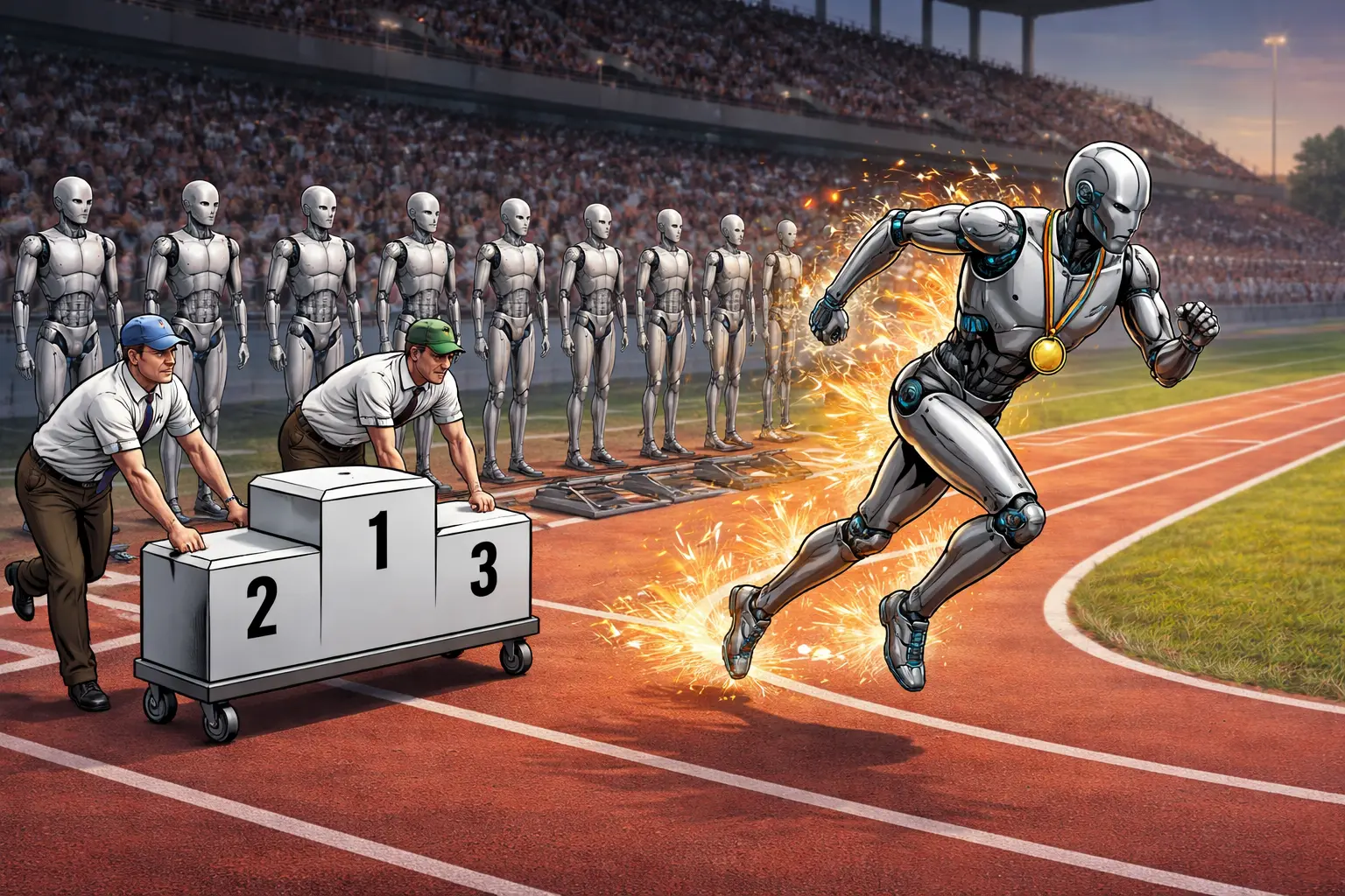 A sparking humanoid robot runs past officials pushing a medal podium, with rows of other robots waiting at the starting line.