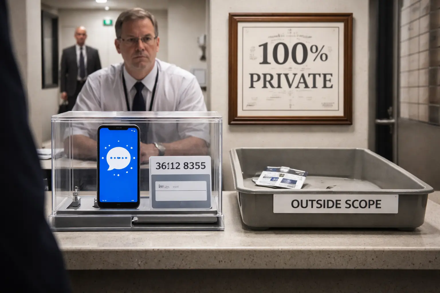 At an intake desk, a clerk faces a framed “100% PRIVATE” certificate while its blank back faces an unidentified source. A Signal phone and matching safety cards sit beside an “OUTSIDE SCOPE” tray; a supervisor waits…