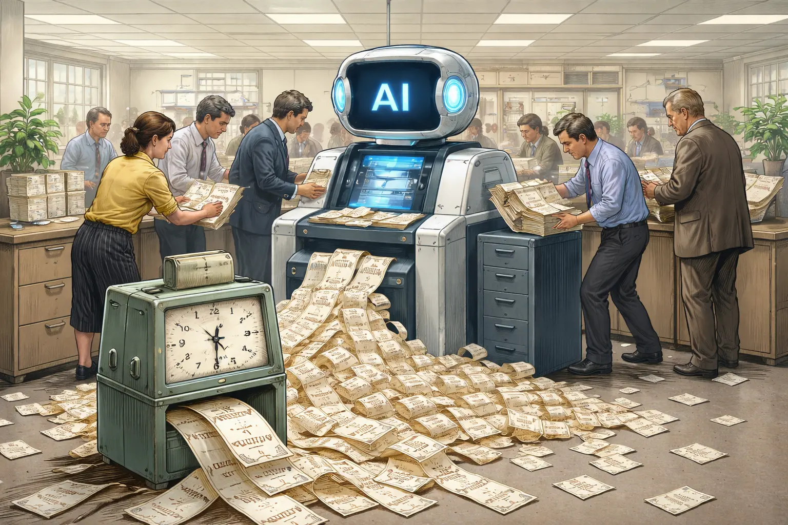 An AI workstation sits in the middle of a payroll office as clerks work around it and a punch clock produces a long trail of overtime slips.