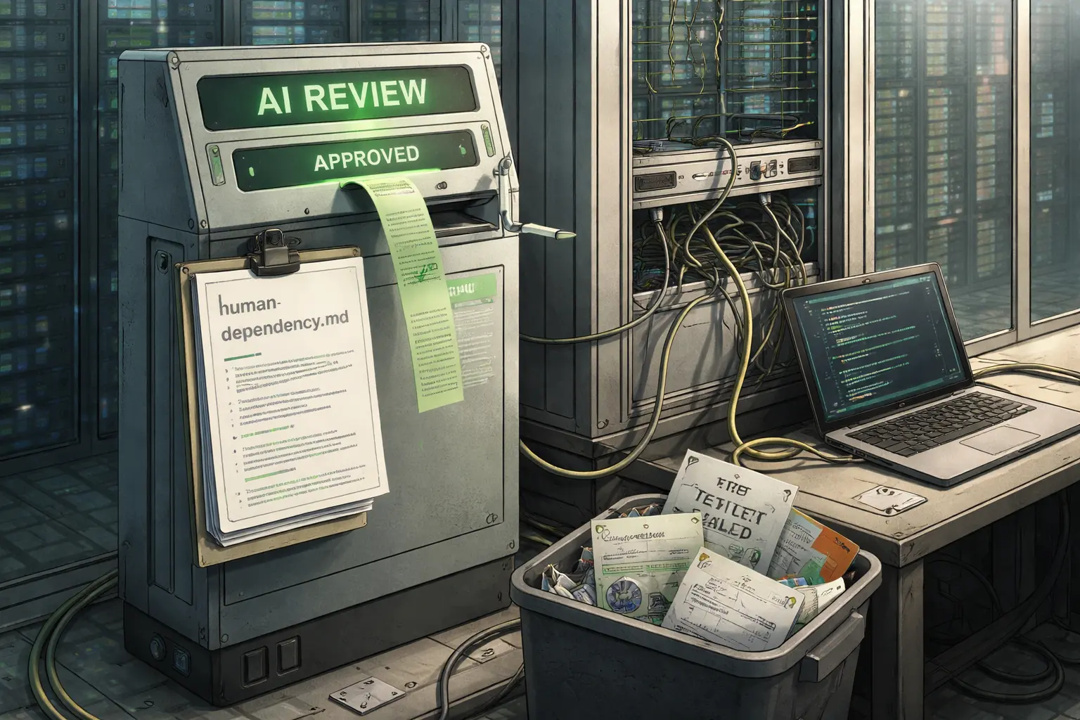 An AI review terminal accepts a green code patch only after clipping “human-dependency.md” beside a server cabinet’s source file and plugging the cabinet into a developer’s laptop; rejected proof papers fill a bin.