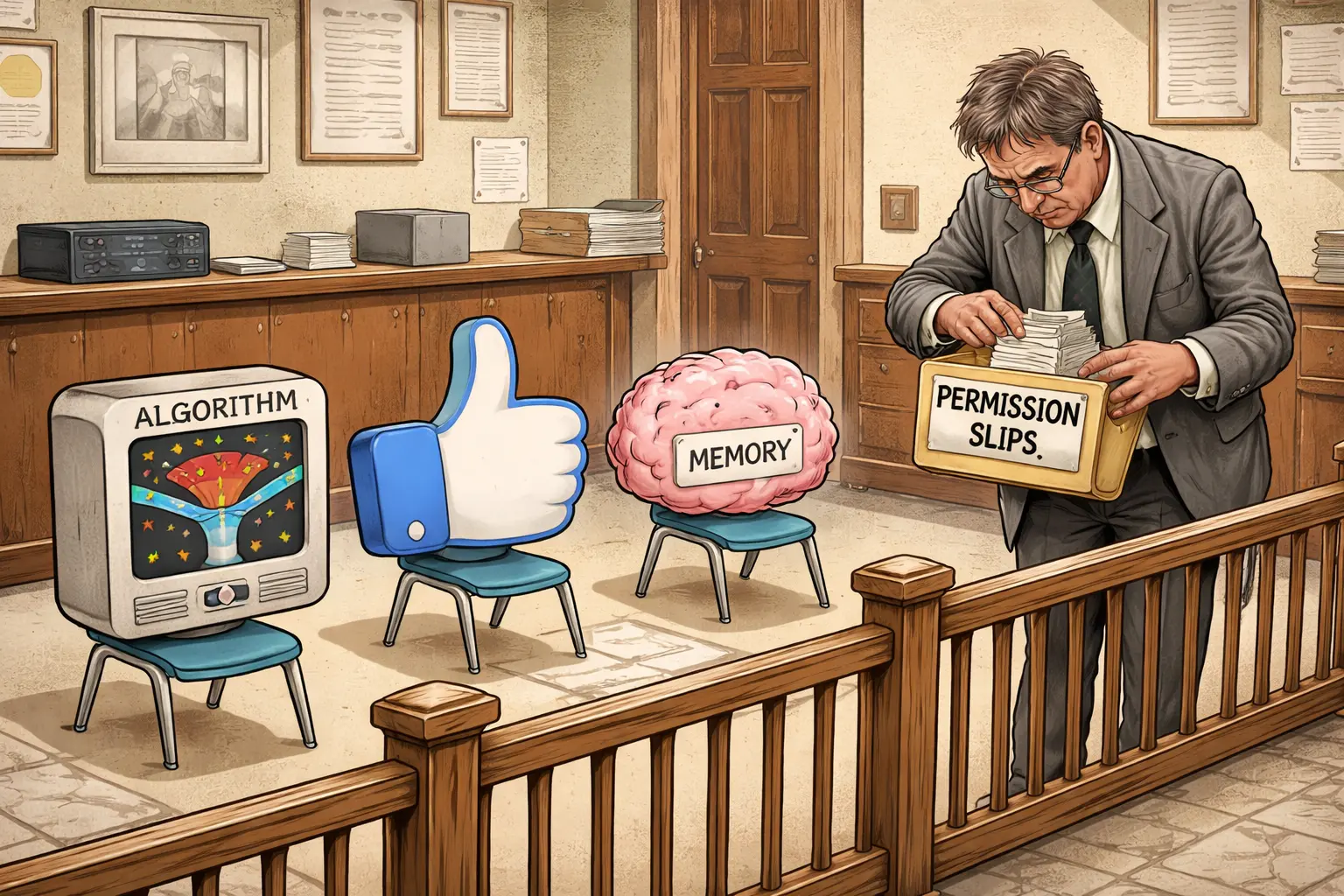 Cardboard stand-ins for social media features sit in tiny chairs behind a child-height gate in a courthouse exhibit room, awaiting an adult guardian and a permission slip.
