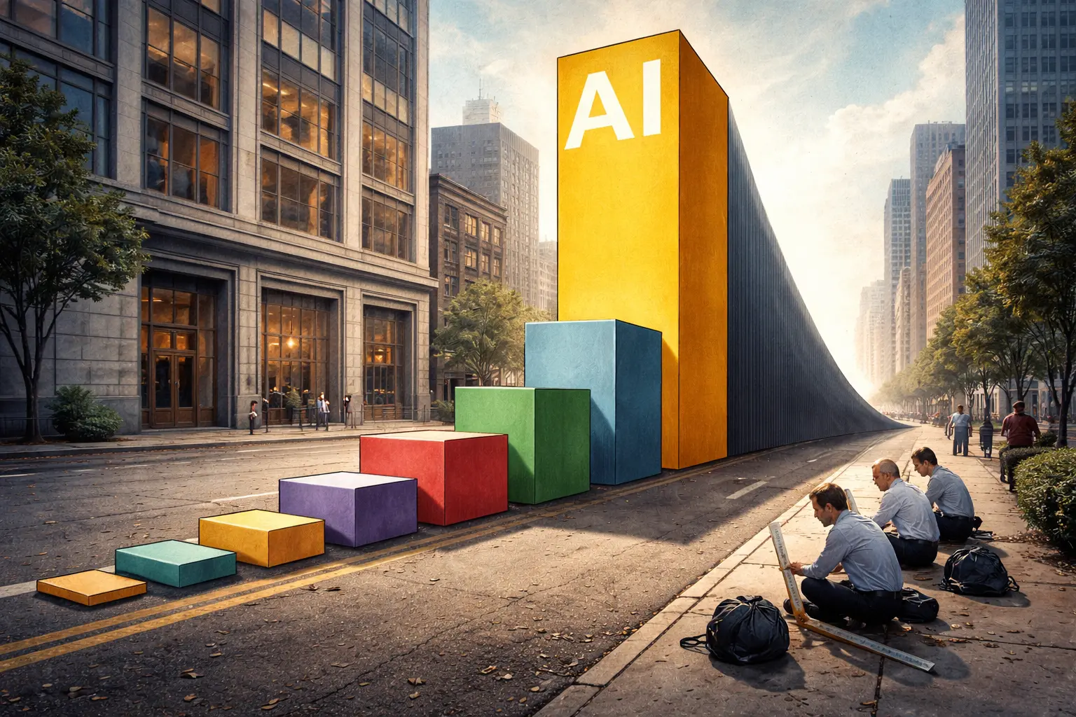 A giant bar graph comparing AI spending extends from an office wall down a street, towering over much smaller bars and forcing accountants to work beside it.